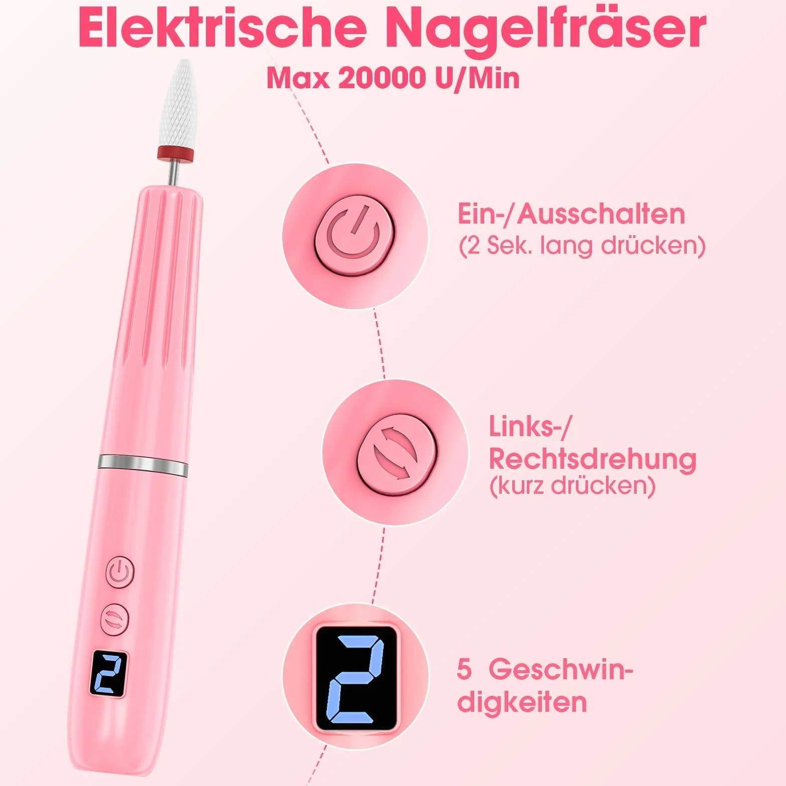 Karrong Elektryczne frezarki do paznokci bezprzewodowa, tryb pamięci, profesjonalny zestaw do manicure 12 w 1, 5 prędkości, oświetlenie LED, pilnik akumulatorowy, Narzędzia do paznokci akrylowych