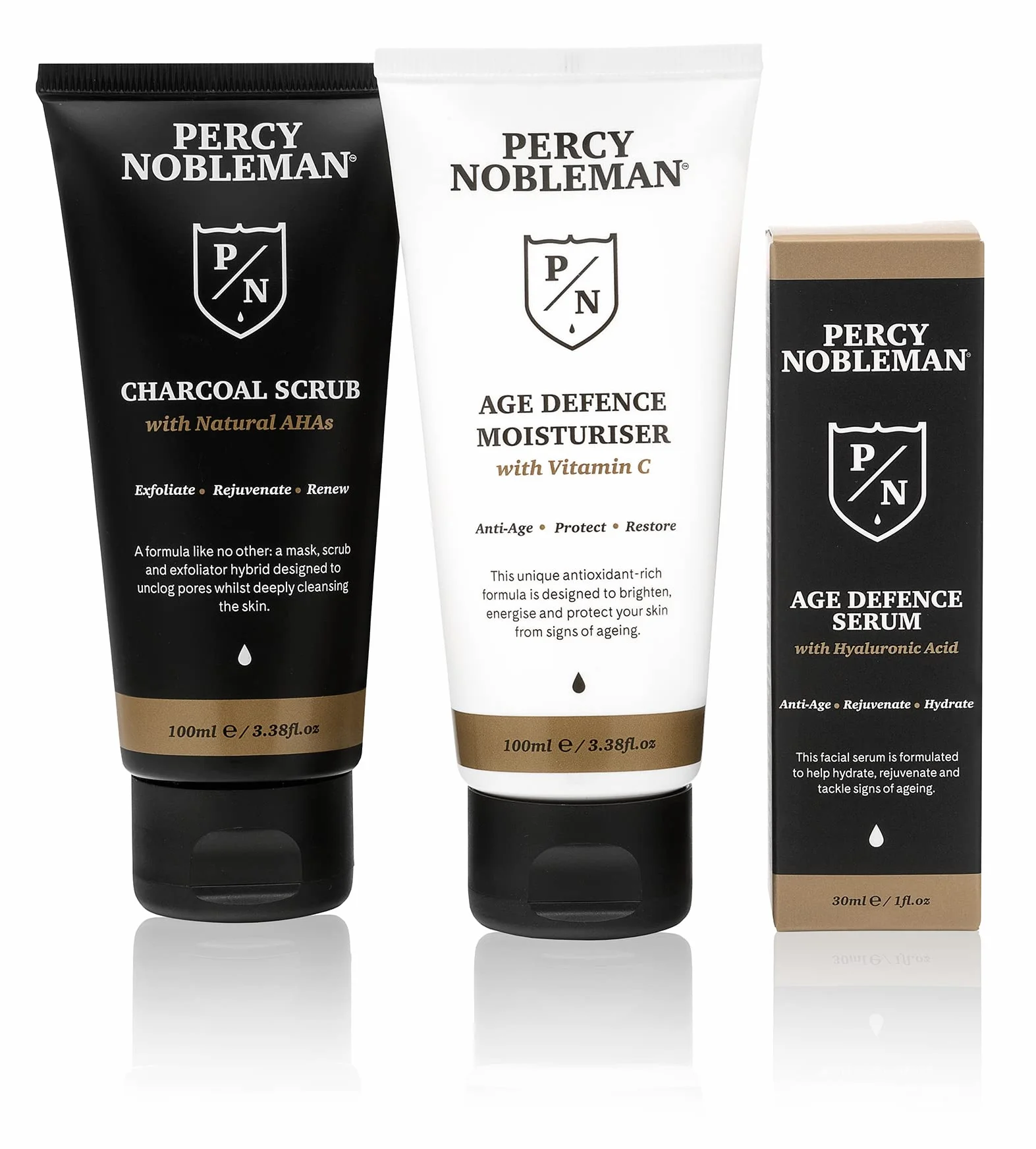 Percy Nobleman Age Defence Kit, zestaw do pielęgnacji skóry dla mężczyzn z węglem drzewnym peeling do twarzy (naturalny AHA), ultranawilżające serum do twarzy (z kwasem hialuronowym) i kremem