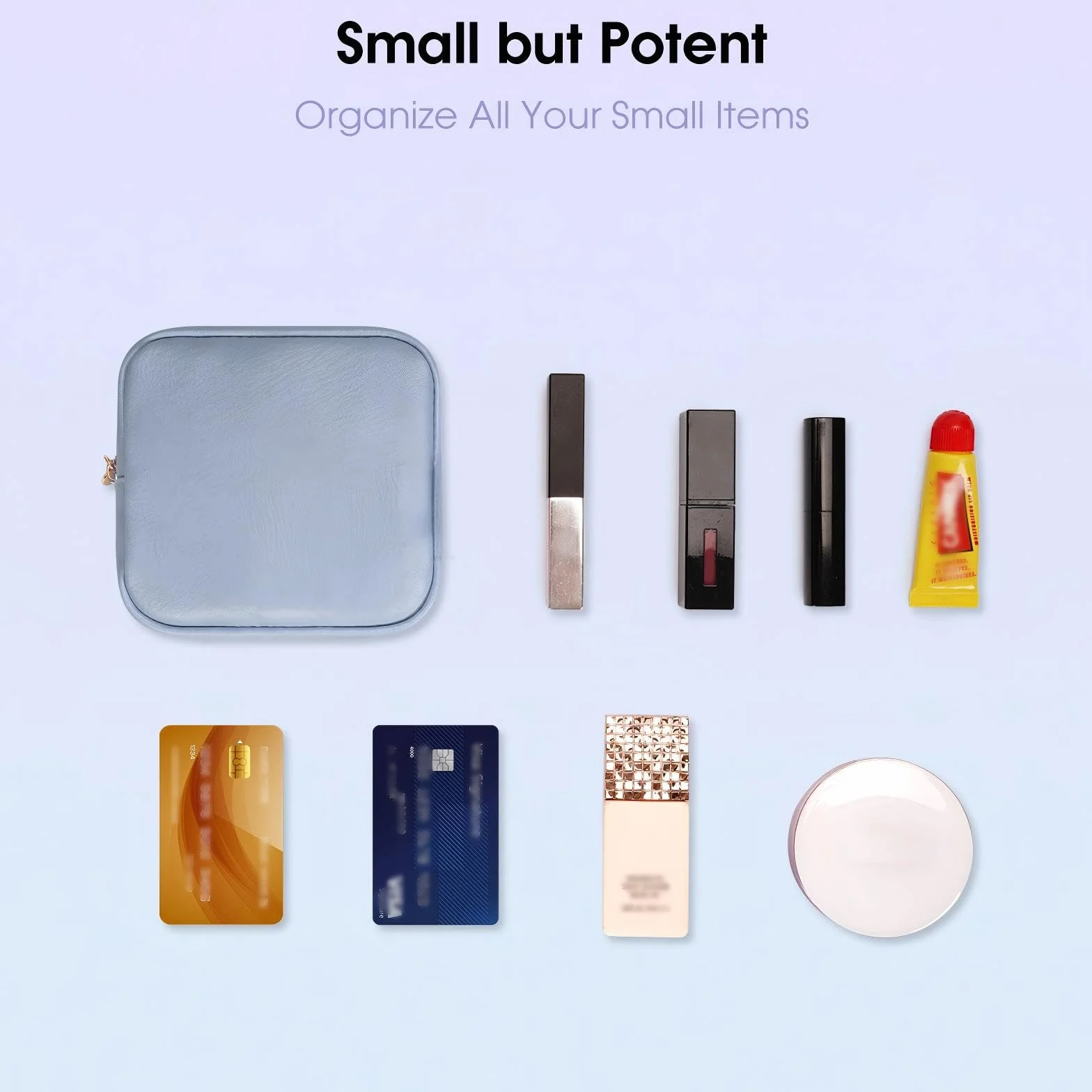 Mała kosmetyczka do torebki, mini kosmetyczka do makijażu, mała kosmetyczka dla kobiet, mała kosmetyczka z wsuwanymi kieszeniami, ekologiczna skóra wegańska (zgłoszona do opatentowania), NIEBIESKI, S