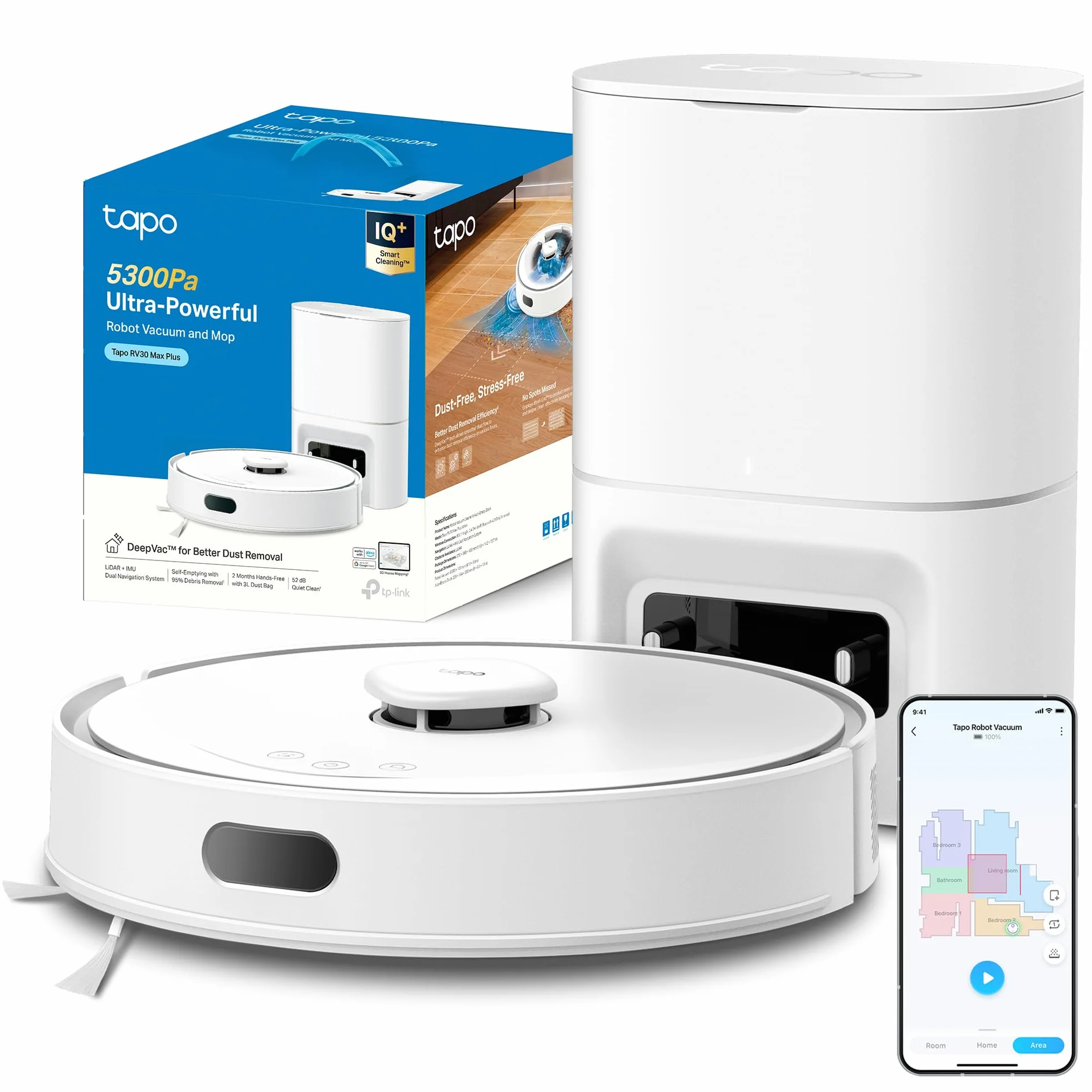 Tapo Robot odkurzający 4 w 1 RV30Max Plus automatyczne opróżnianie, cichy i cienki, bardzo mocny 5300 Pa, nawigacja LiDAR, autonomia 150 min, dywan i sierść zwierząt