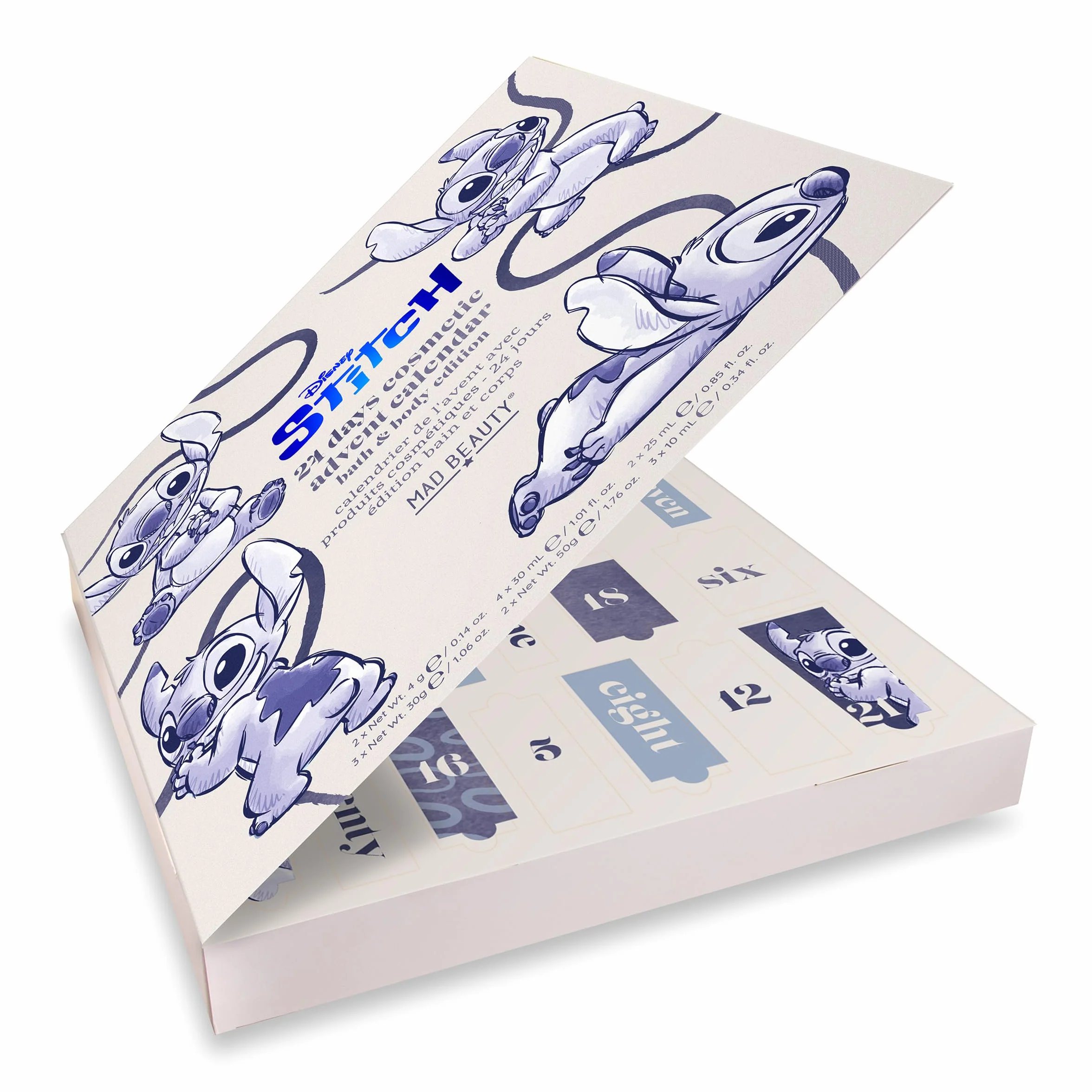 MAD Beauty Disney STITCH kalendarz adwentowy z 24 produktami do makijażu i kosmetyków, wellness, kalendarz adwentowy dla kobiet, z maską na twarz, balsamem do ciała, gumką do włosów – kalendarz