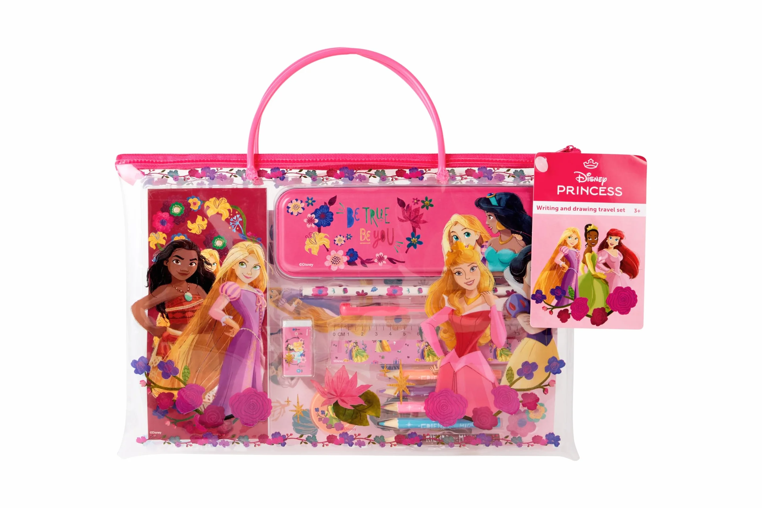 Disney Princess Travel Zestaw do pisania i rysowania Vaiana, Kopciuszek i Roszpunka | Kreatywny zestaw do rysowania i rysowania dla dzieci z piórnikiem, długopisami i liśćmi do kolorowania |