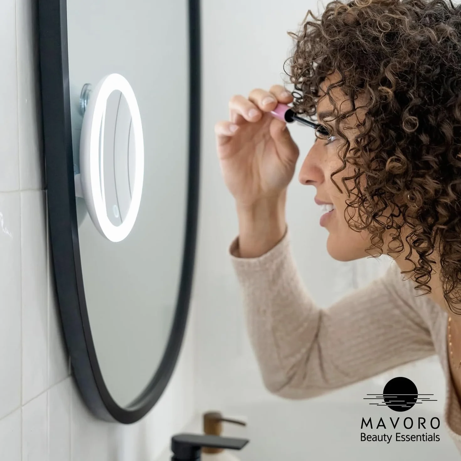 Mavoro Lustro powiększające LED 17.3 cm z 3 mocnymi przyssawkami, 10-krotne powiększenie, przenośne, podświetlane, podróżne lusterko do makijażu i kosmetyczne ze światłem, 10 x akumulator USB-C