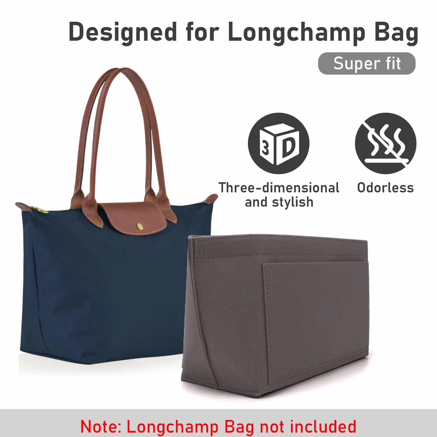 Organizer do Torebki dla Longchamp Le Pliage, z filcu, z wielofunkcyjnymi kieszeniami, duża pojemność, ciemnoszary, L
