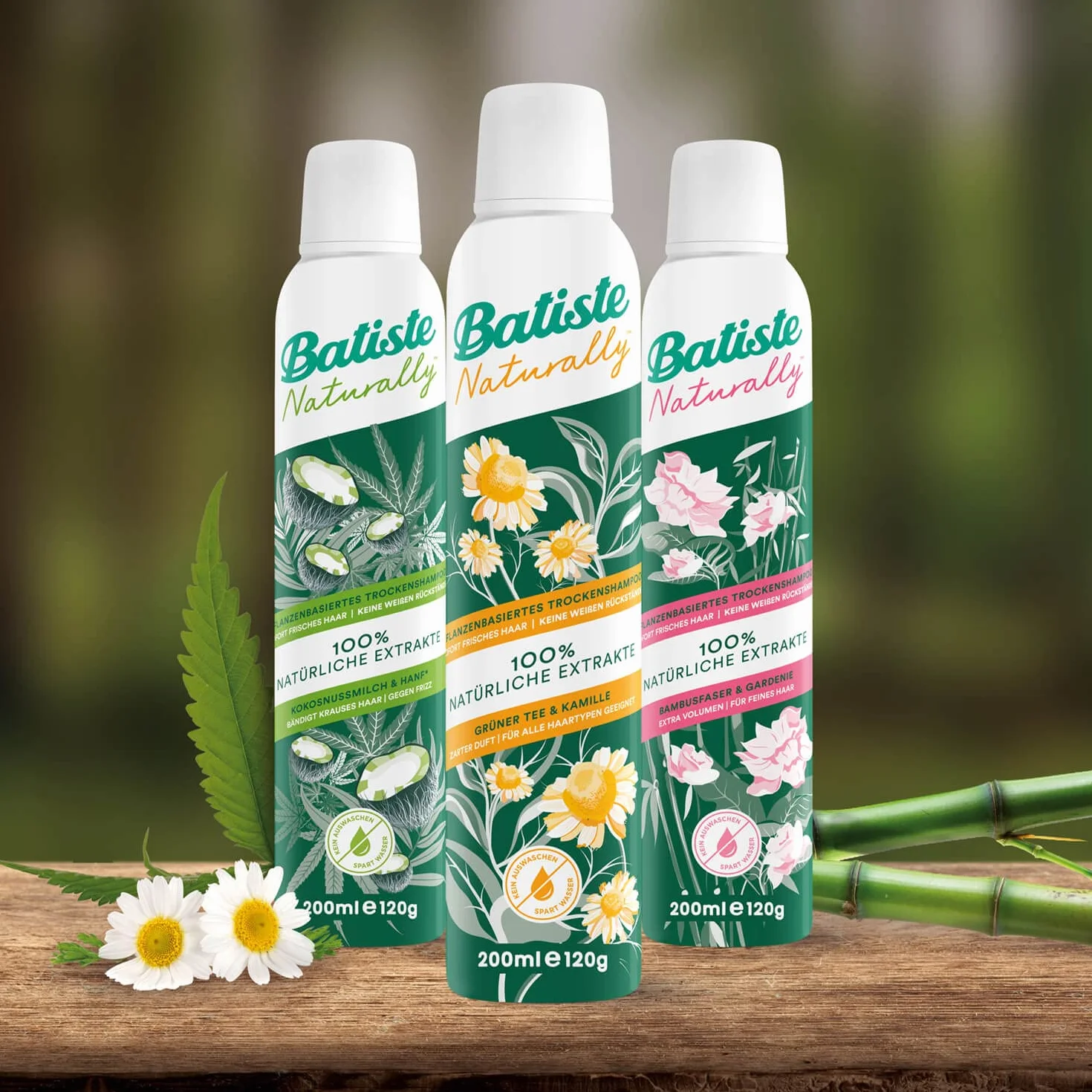 Batiste Suchy szampon Naturally włókna bambusowe & Gardenia 200 ml, suchy szampon do odświeżania i stylizacji cienkich włosów, bez spłukiwania, wegański, ze 100% naturalnych ekstraktów