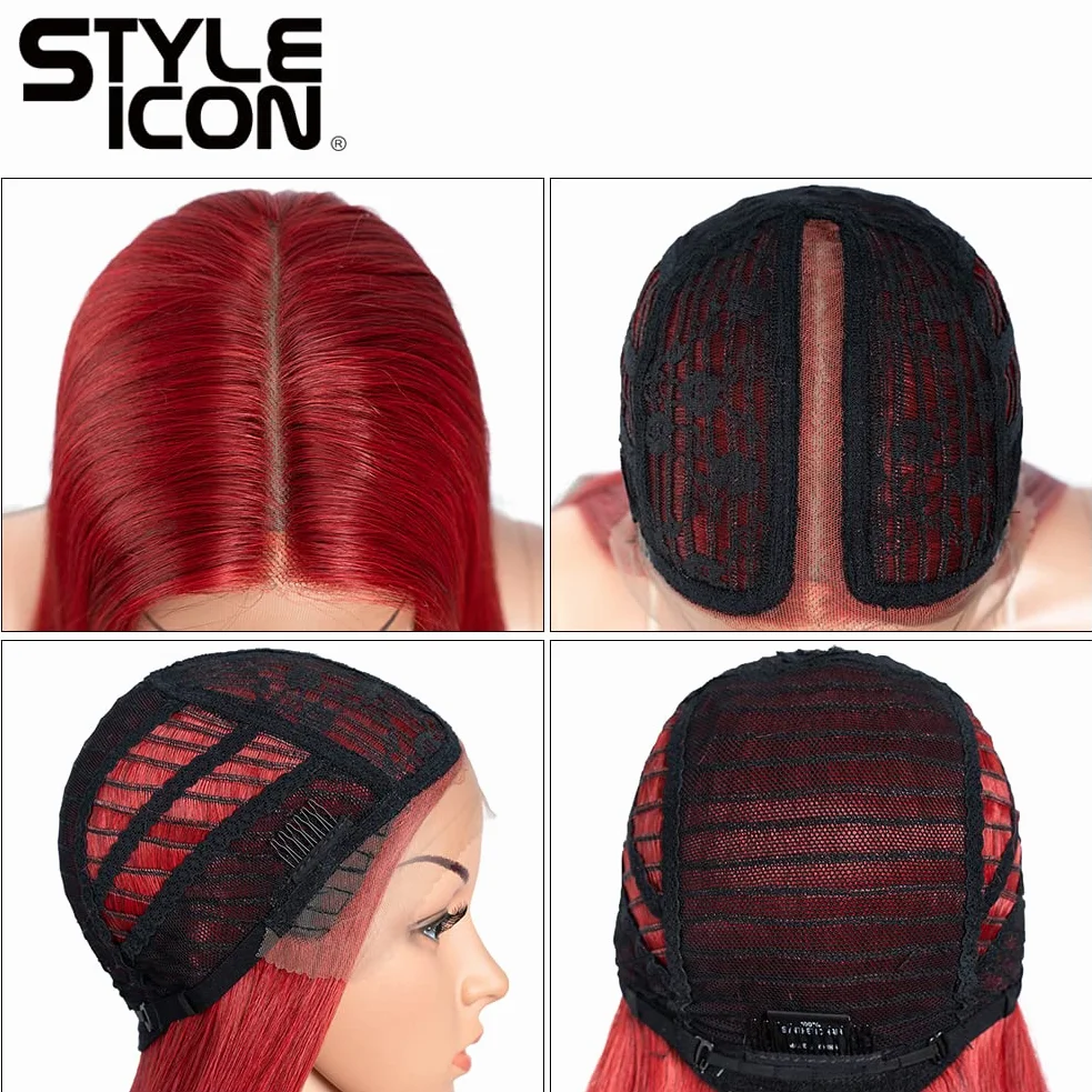 Style Icon Peruki z koronką, 94 cm, super długie, koronkowe, z przodu, jedwabiste proste włosy, dla kobiet, miękkie peruki syntetyczne (M.RED)