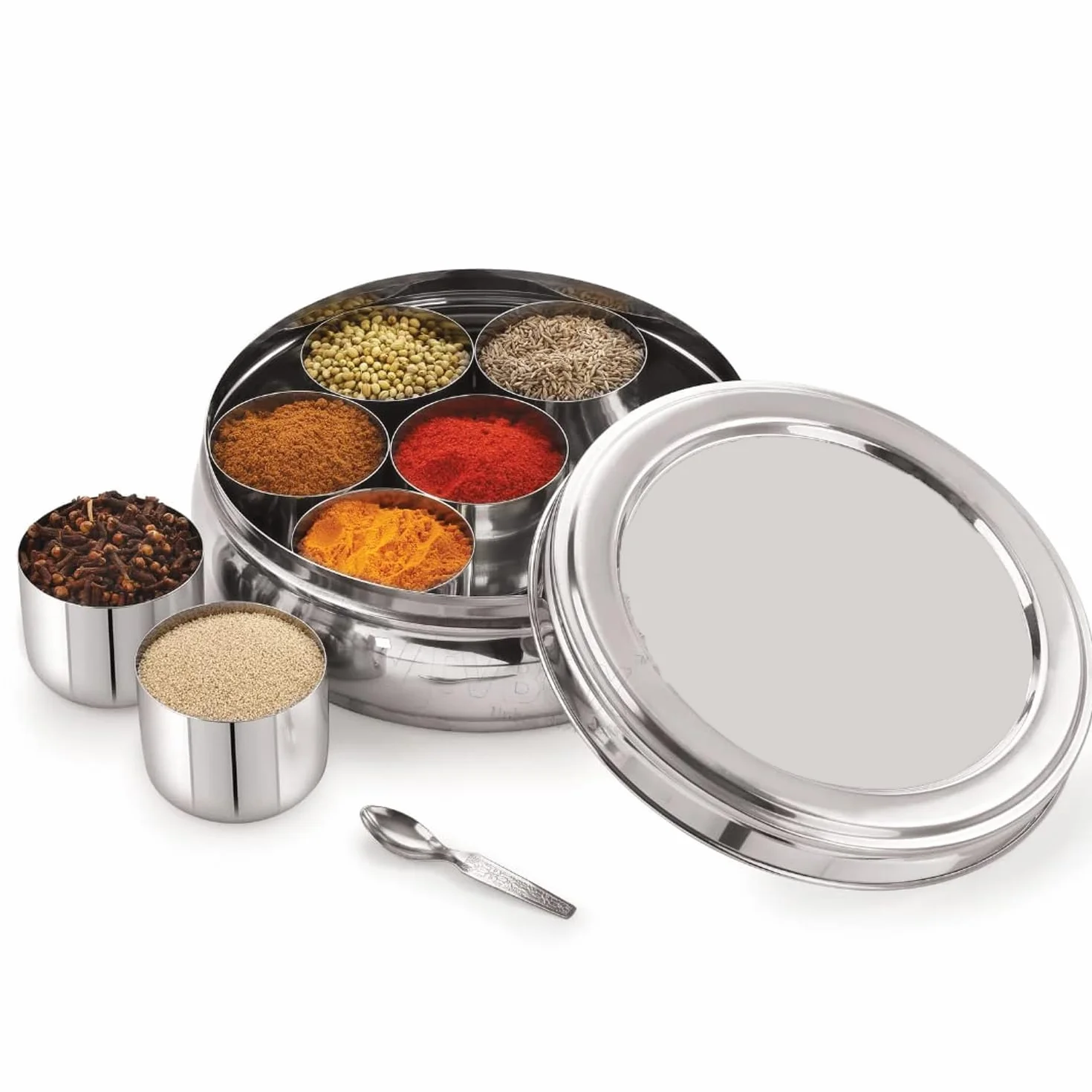 Kajal Masala Box 8-częściowy zestaw ze stali nierdzewnej – pudełko na przyprawy ze stalową pokrywką i małą łyżeczką | indyjskie pudełko na przyprawy ze stali nierdzewnej | praktyczne rozwiązanie na