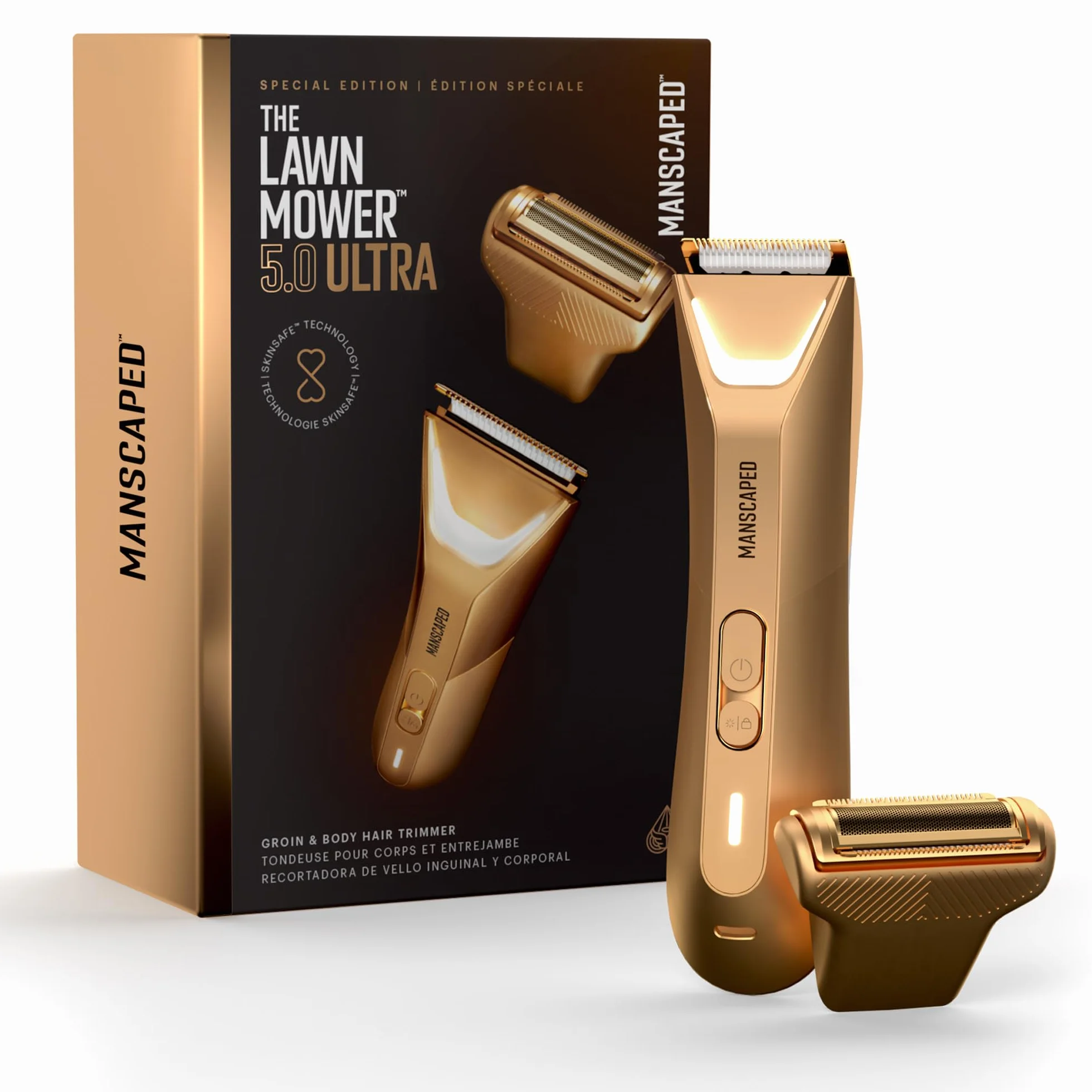 MANSCAPED® The Lawn Mower® 5.0 ULTRA Trymer do pachwin i ciała – dwugłowicowy trymer SkinSafe® i ostrza foliowe, wodoodporna golarka, akumulator USB-C z etui podróżnym, Złoty