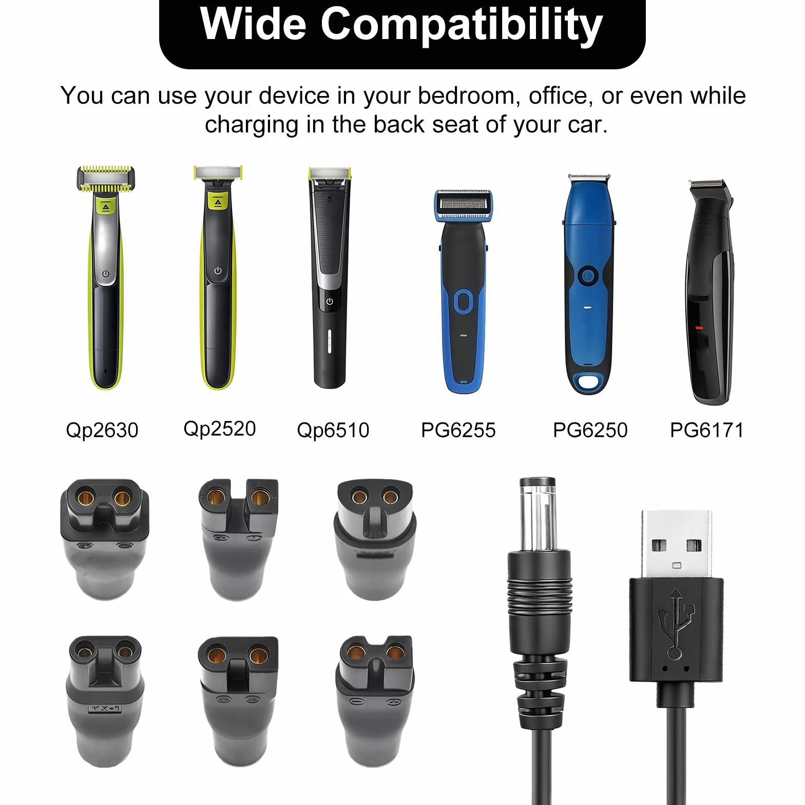 Flintronic Uniwersalny przewód USB, kabel ładujący 5V z 6 złączami, zasilacz ładowarka do Philips Norelco 7000/5000/3000/QT/QS/AT/PT/QG/BG/HQ/RQ/XL/XLCC/X/HS/QC Seria, kabel do golarki