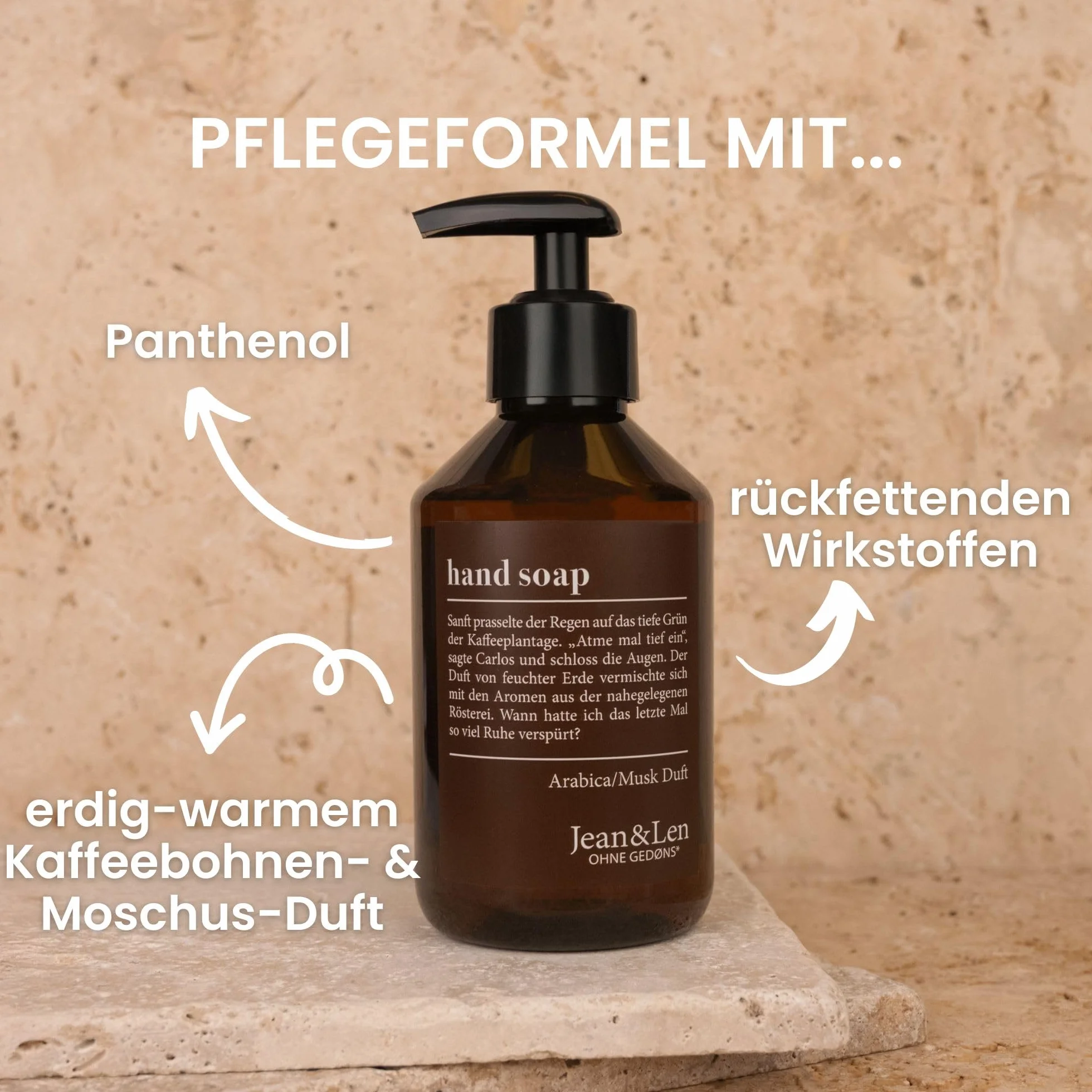 Jean & Len Mydło do rąk Arabica & Musk, czyści zmęczone dłonie, nadaje się do codziennego użytku, mydło w płynie w dozowniku z pompką, aromatyczny zapach, wegańskie, 250 ml