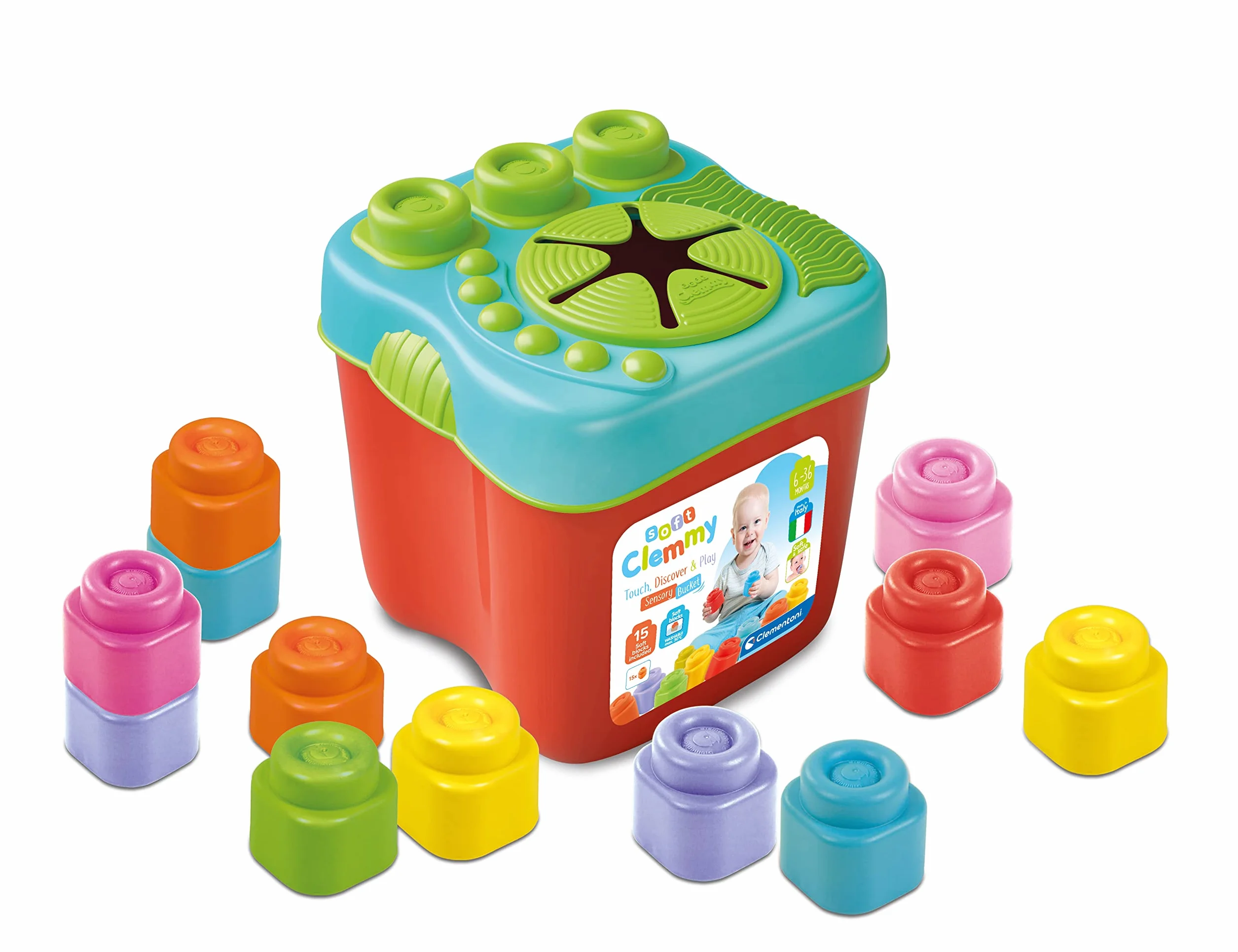 Clementoni - 17807 - Soft Clemmy - Sensory Bucket - Zabawka Konstrukcyjna Dla Dzieci Od 6 Miesięcy, Miękkie Klocki