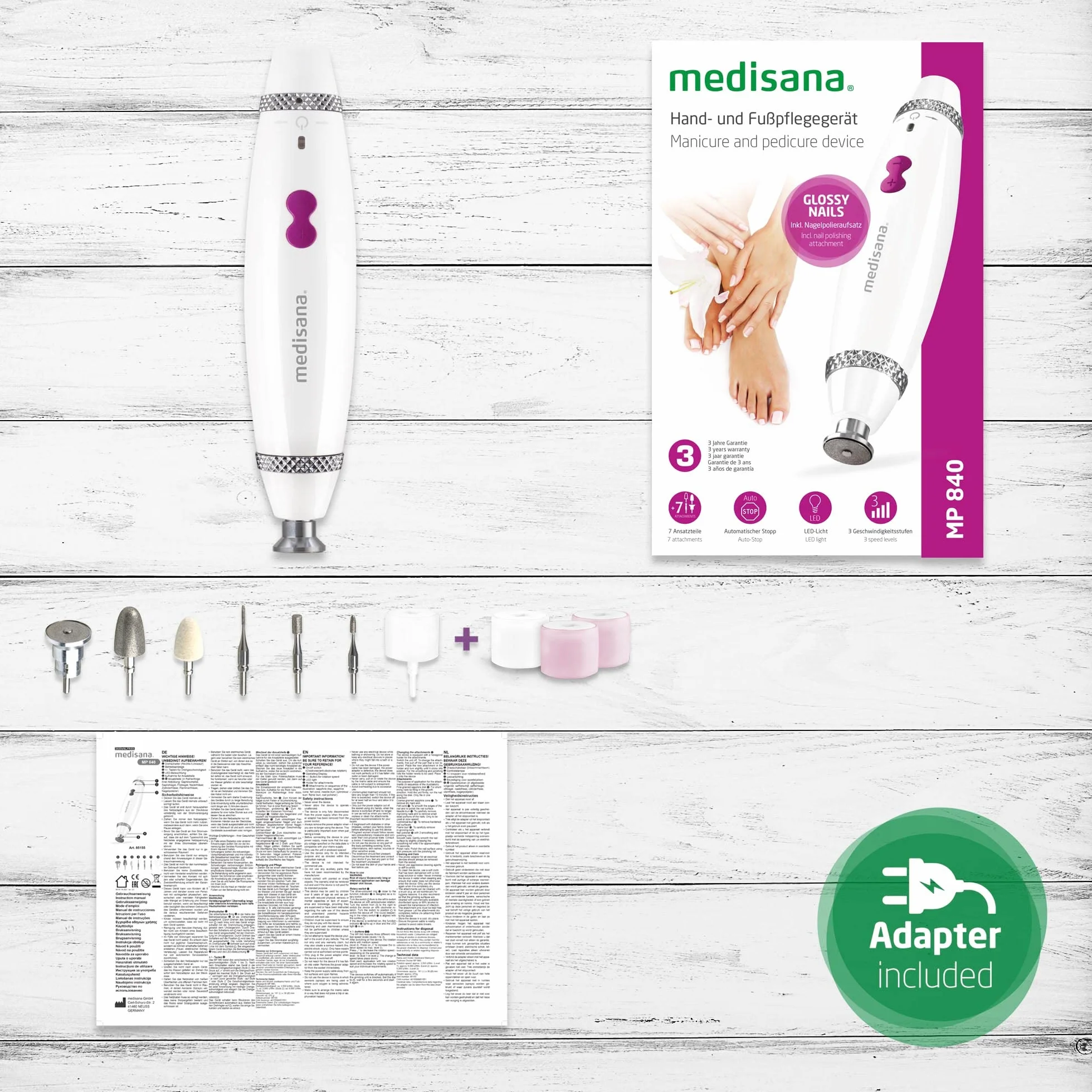 Medisana MP 840 elektryczny zestaw do manicure i pedicure 7 przystawek 3 prędkości