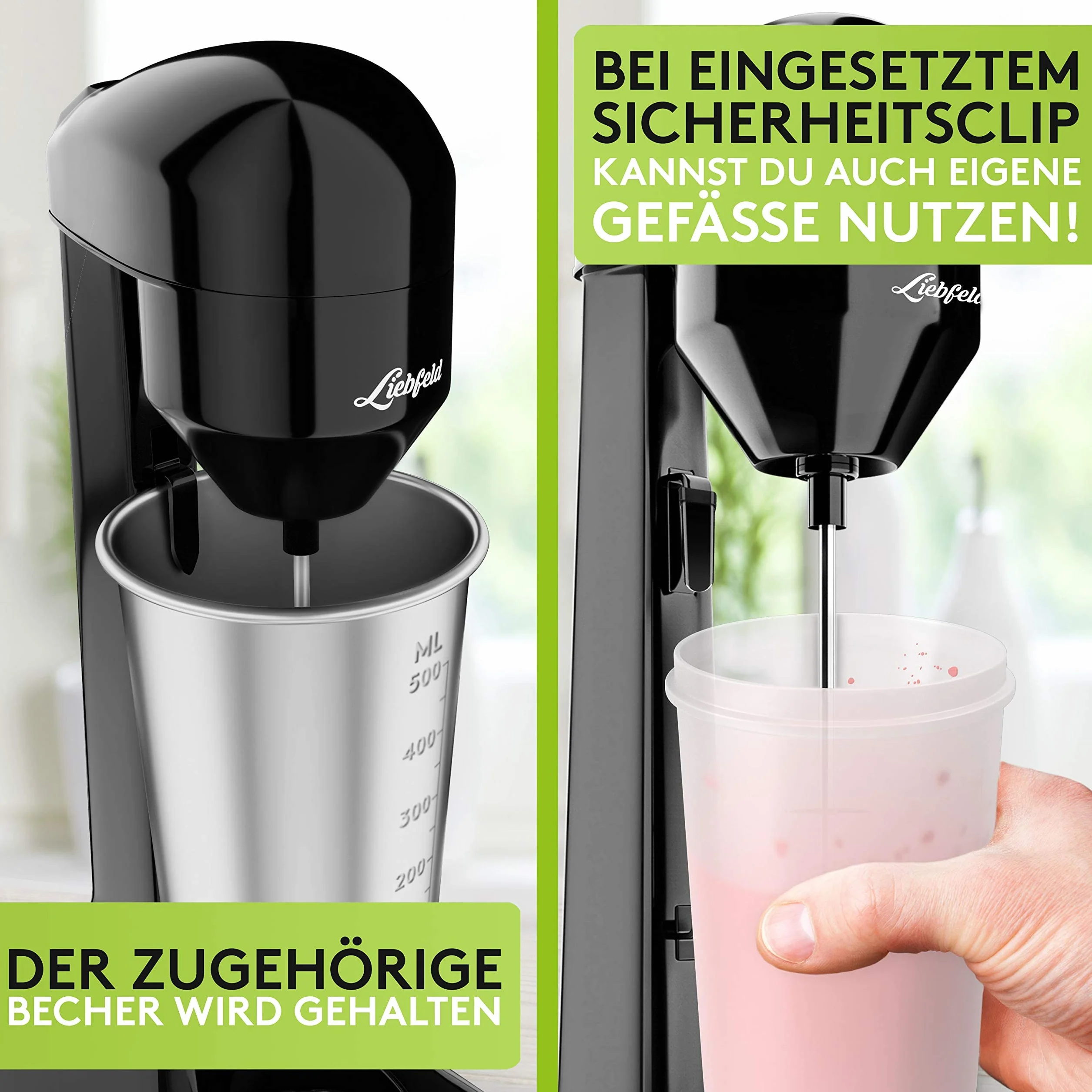 Liebfeld Elektryczny shaker proteinowy – blender ręczny z kubkiem ze stali nierdzewnej o pojemności 500 ml – shake proteinowy i koktajl mleczny, fitness, białko, frappe blender
