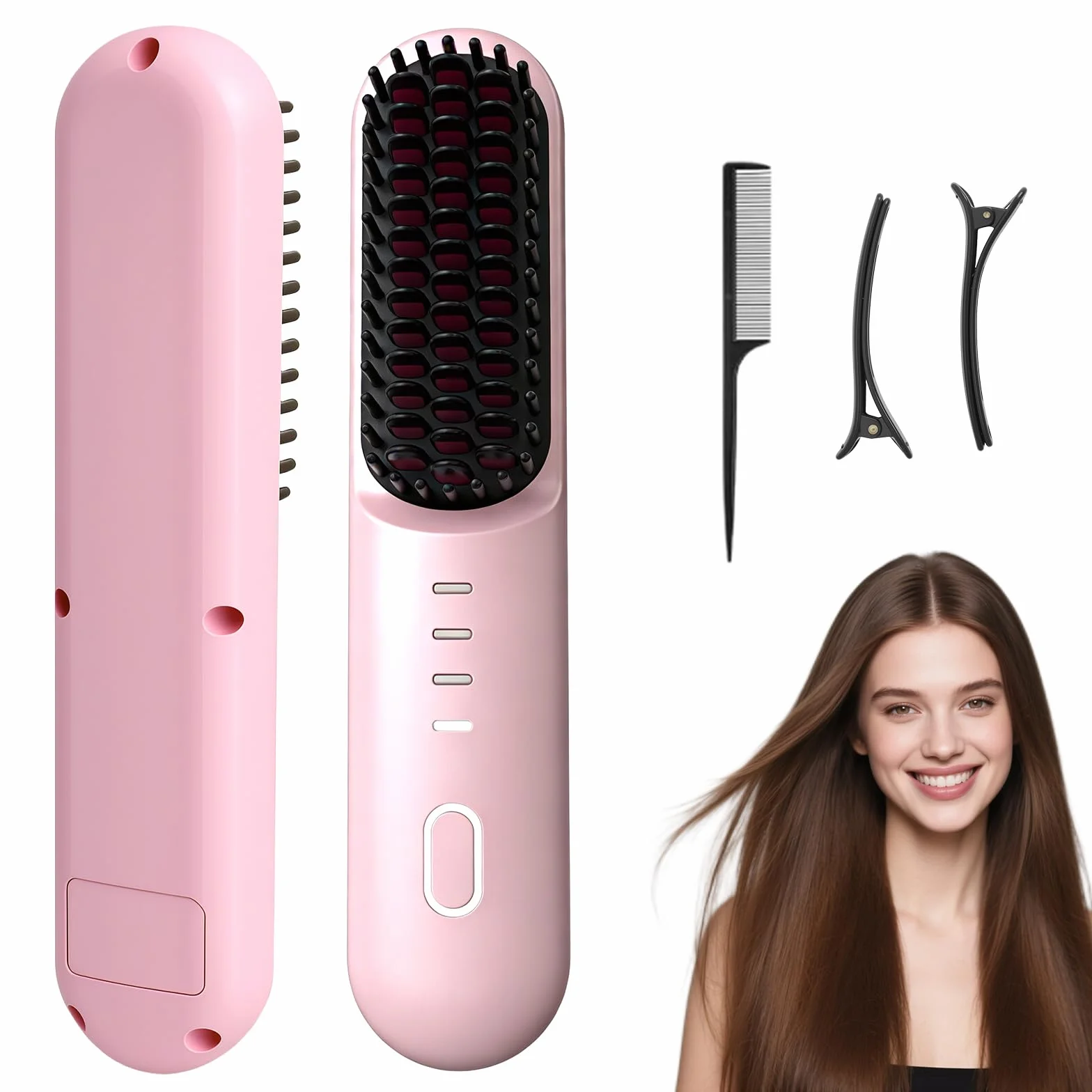 HENGBIRD Bezprzewodowa szczotka do prostowania włosów Pink Edition – 3 w 1 prostownica do włosów, szczotka do prostowania, kręcenia i pielęgnacji, ładowana przez USB, do stylizacji ciepła, do podróży