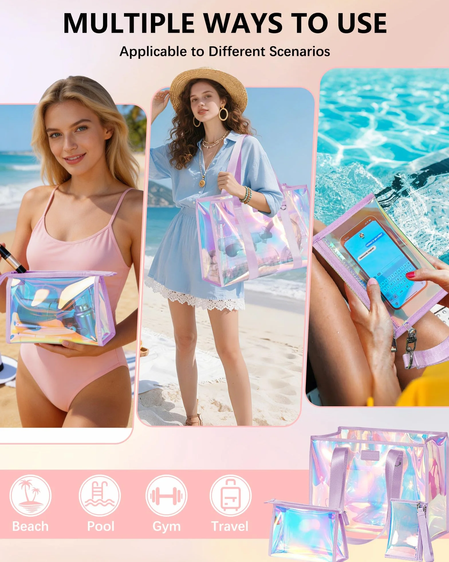 Duża torba plażowa z zamkiem błyskawicznym, tęczowa torba plażowa, wodoszczelna, z etui na telefon komórkowy i kosmetyczką, przezroczysta torba plażowa XXL, składana torba plażowa