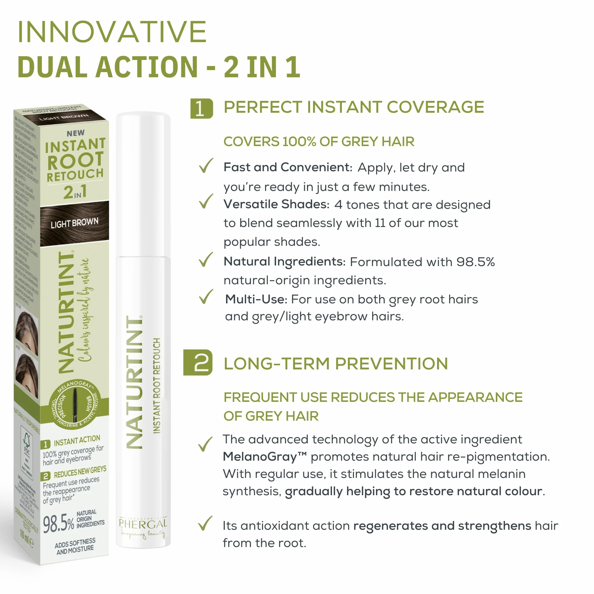 Naturtint | Instant Root Retouch | Tymczasowy retuszer do siwych włosów, korzeni i brwi | Praktyczny i wygodny dzięki pędzelkowi | 98,5% naturalnych składników | jasnobrązowy | 10 ml