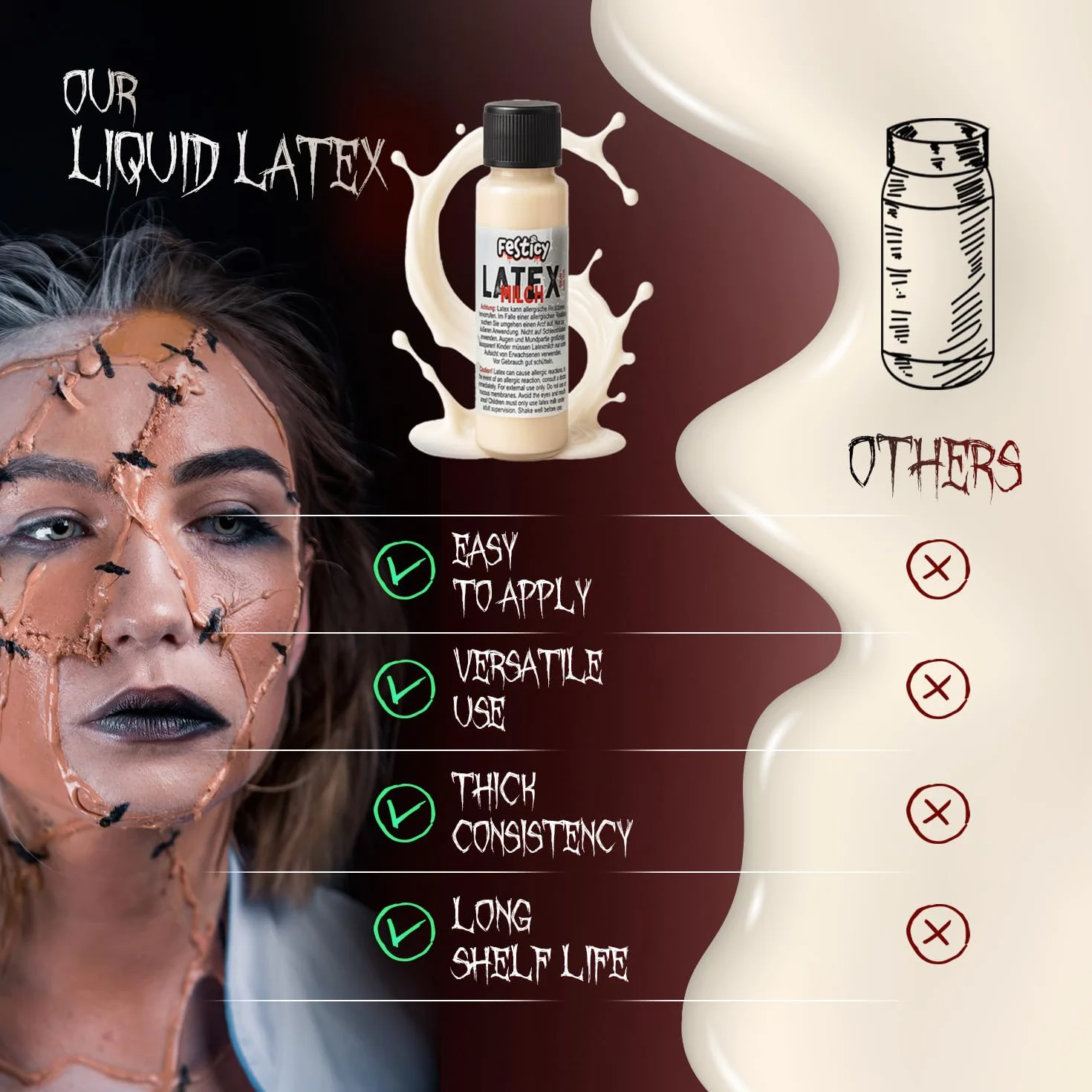 FESTICY Lateks biały płyn 30 ml lateksowy płyn do makijażu na Halloween 2025 i profesjonalne malowanie ciała sztuczne blizny i maska na Halloween horror kostiumy dla kobiet i mężczyzn z efektami