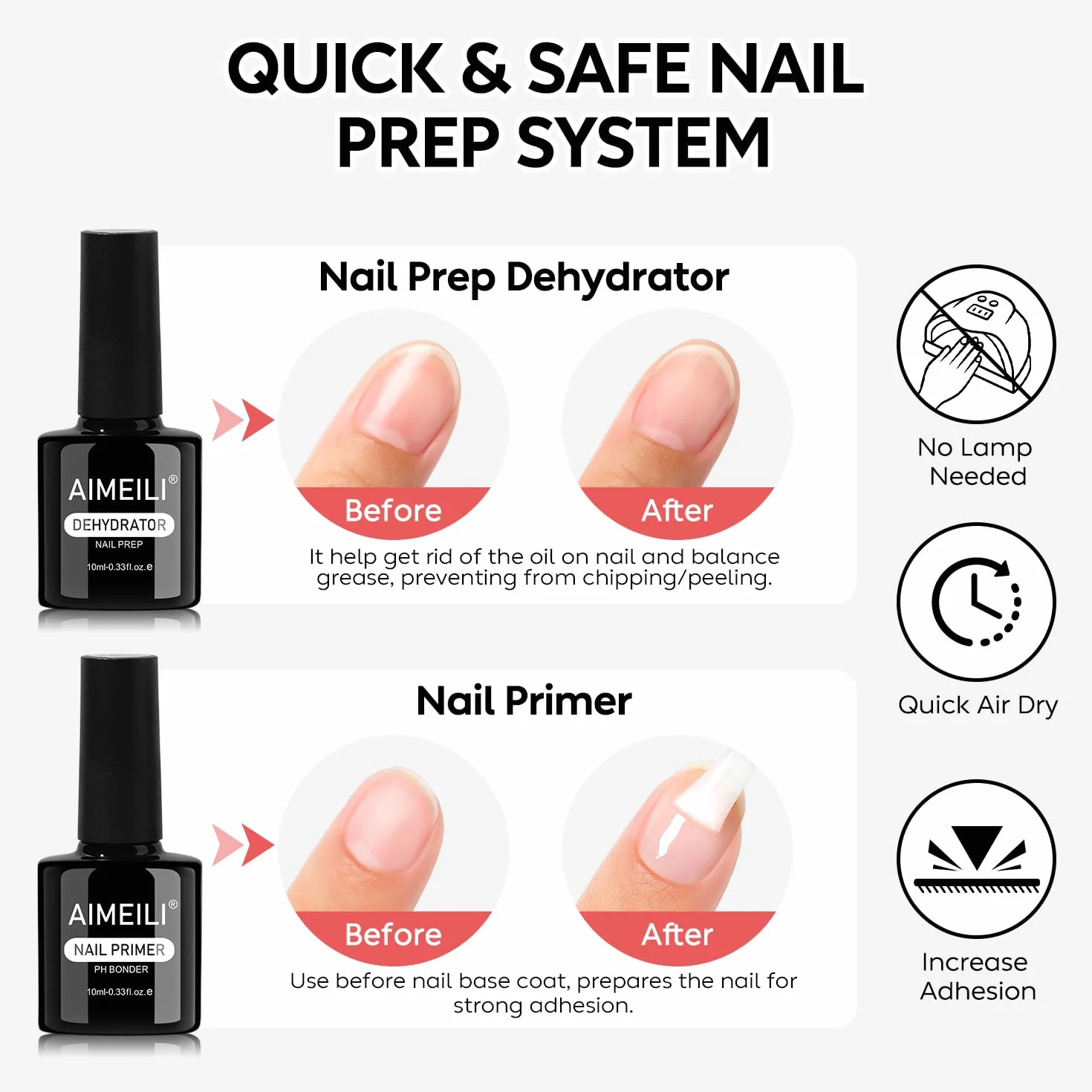 AIMEILI Nail Prep i podkład i lakier nawierzchniowy do żelu, dehydratora i podkładu i lakieru półtrwałego do paznokci zestaw 4 x 10 ml