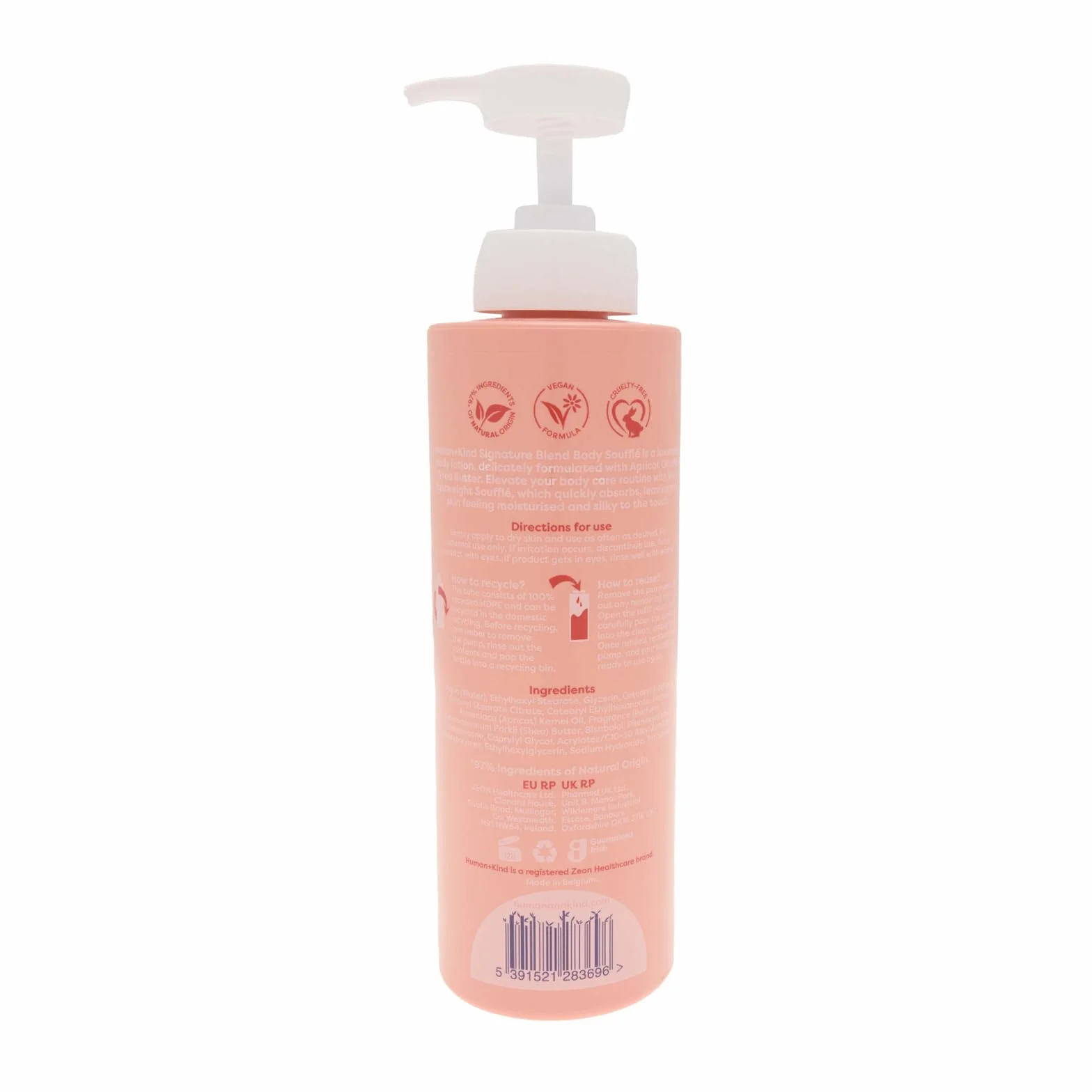 Human+Kind - Body Souffle - Lecht Schlagsahne-Feuchtigkeitscreme schnell ein - idealny do trockene oder zu ekzemen tendencyjnych Haut - natürliche, vegan Hautpflege - Flasche o pojemności 500 ml.