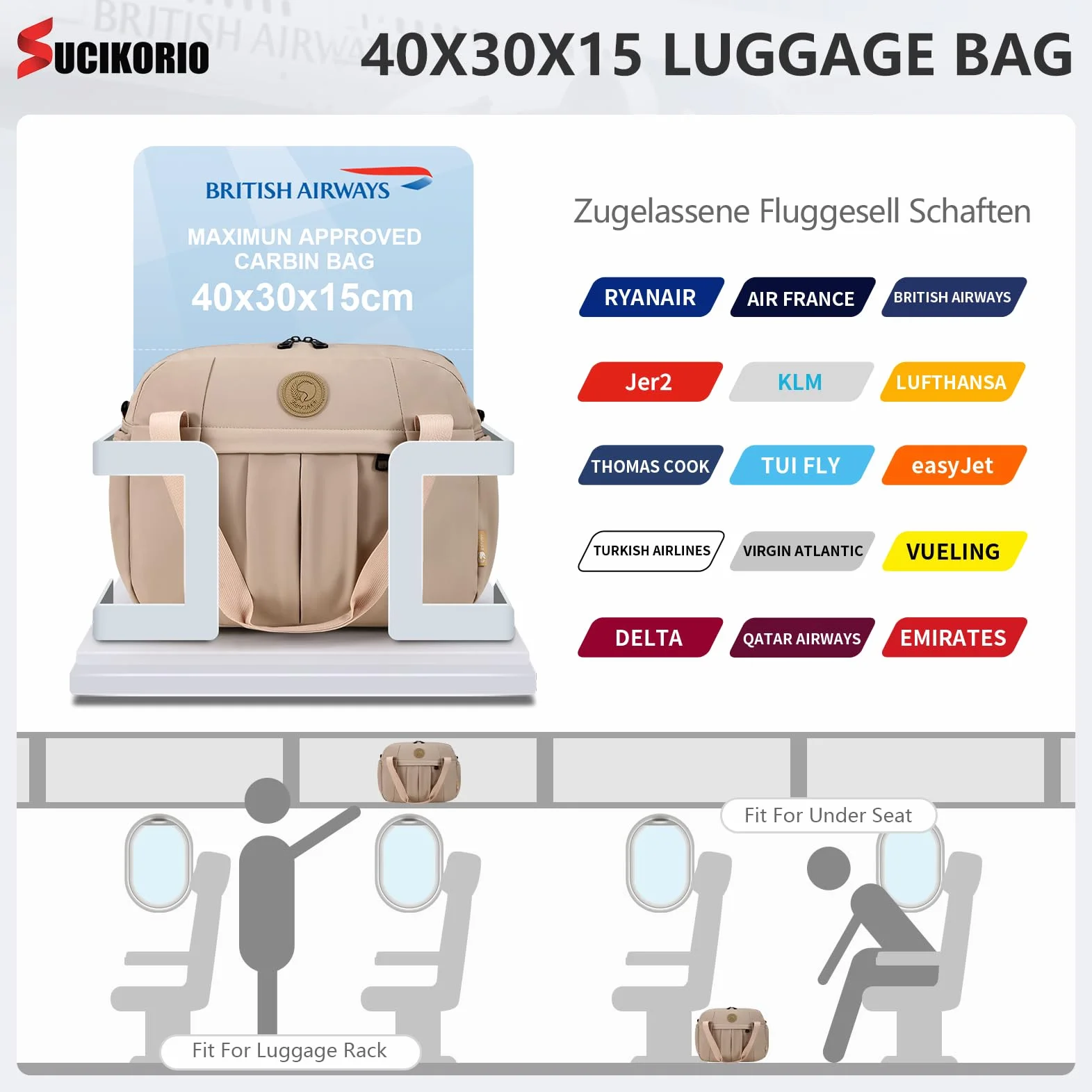 40x30x15cm Torba Podręczna Dla British Airways, Air France I Jet2, Wodoodporna Torba Kabinowa Z Tkaniny Oxford O Pojemności 18 L, Unisexowa Torba Podręczna Z Przegrodą Na Mokre Rzeczy