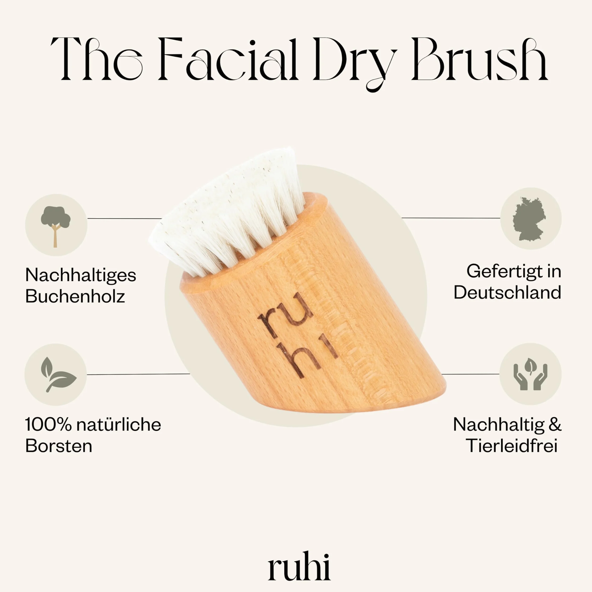 ruhi® Szczotka do twarzy do czyszczenia na sucho masaż Made in DE, 100% naturalne włosie | peeling, czyszczenie| regionalne drewno bukowe z certyfikatem FSC | sucha szczoteczka do twarzy