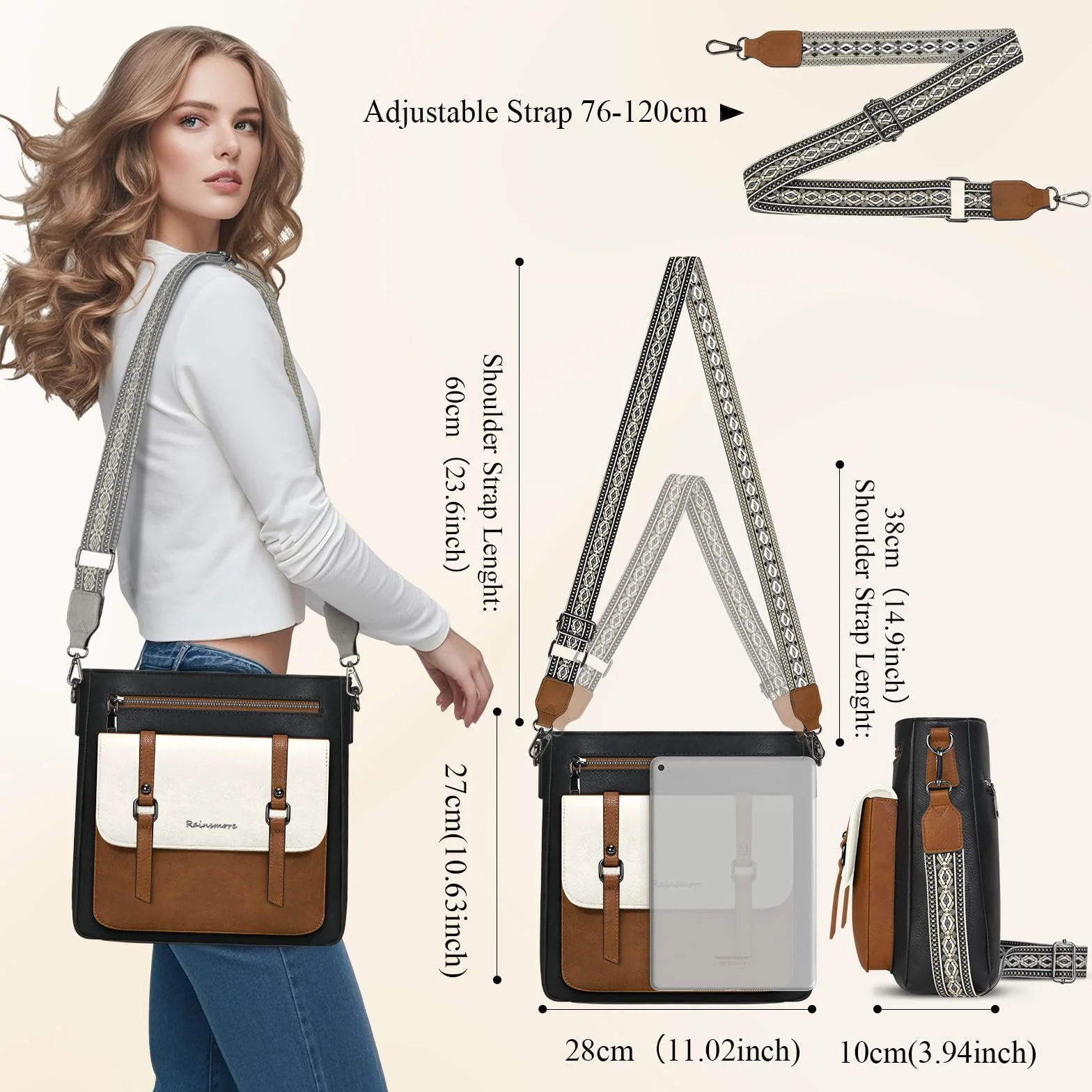 RAINSMORE Torba na ramię Kobiety Torby Na Ramię Torebki Kobiety Wielopunktówki Średnie skórzane torby na ramię Crossbody Torba na zakupy Szkoła Praca Podróże