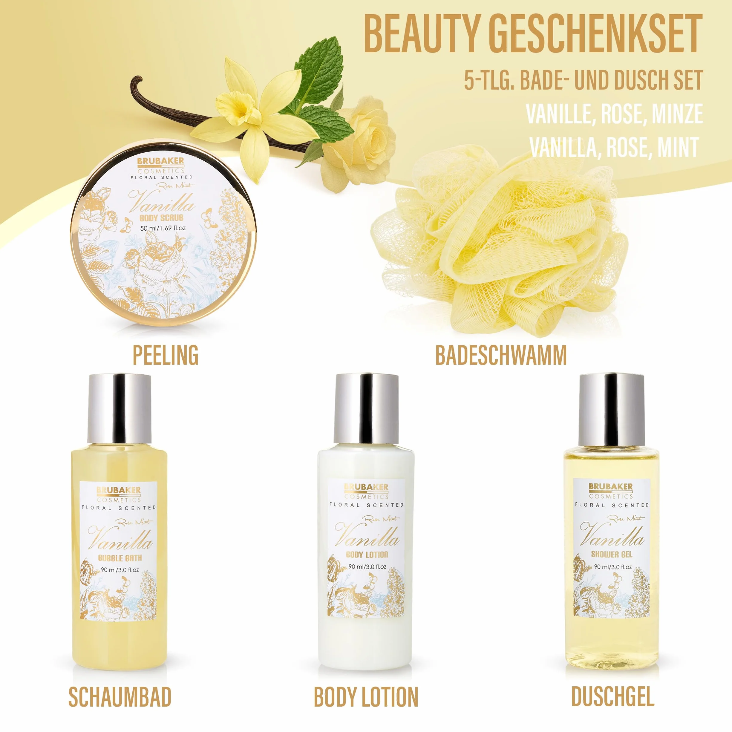 BRUBAKER Cosmetics Zestaw Do Kąpieli I Pod Prysznic Wanilia Mięta Różana 5-Częściowy Upominkowy