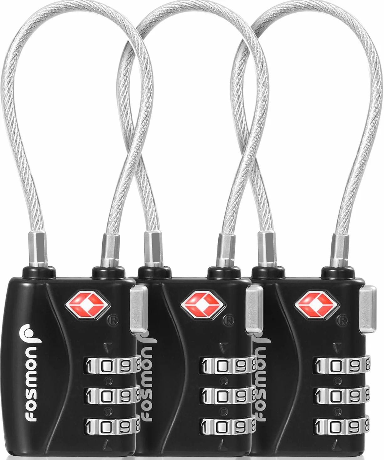Fosmon 3-cyfrowy kabel szyfrowy TSA: Walizka, torba podróżna, szafka lub plecak - zabezpiecz cały bagaż, rower, brama, rabat - kłódka z 3-cyfrowym kodem - czarna - zestaw 3 szt