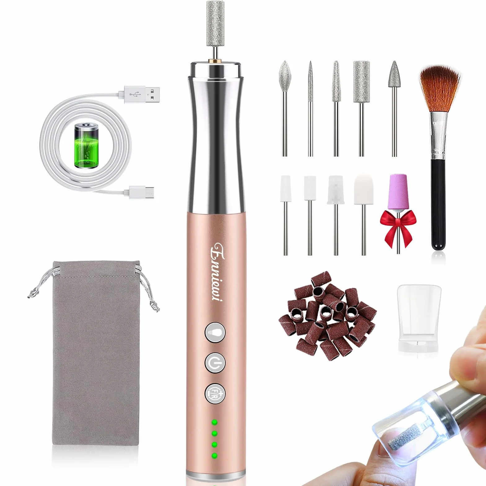 Bezprzewodowa frezarka do paznokci ze światłem 25000 obr./min, 13 w 1, zestaw do manicure, pedicure, elektryczna z osłoną przeciwpyłową, możliwość ponownego ładowania, elektryczna frezarka do