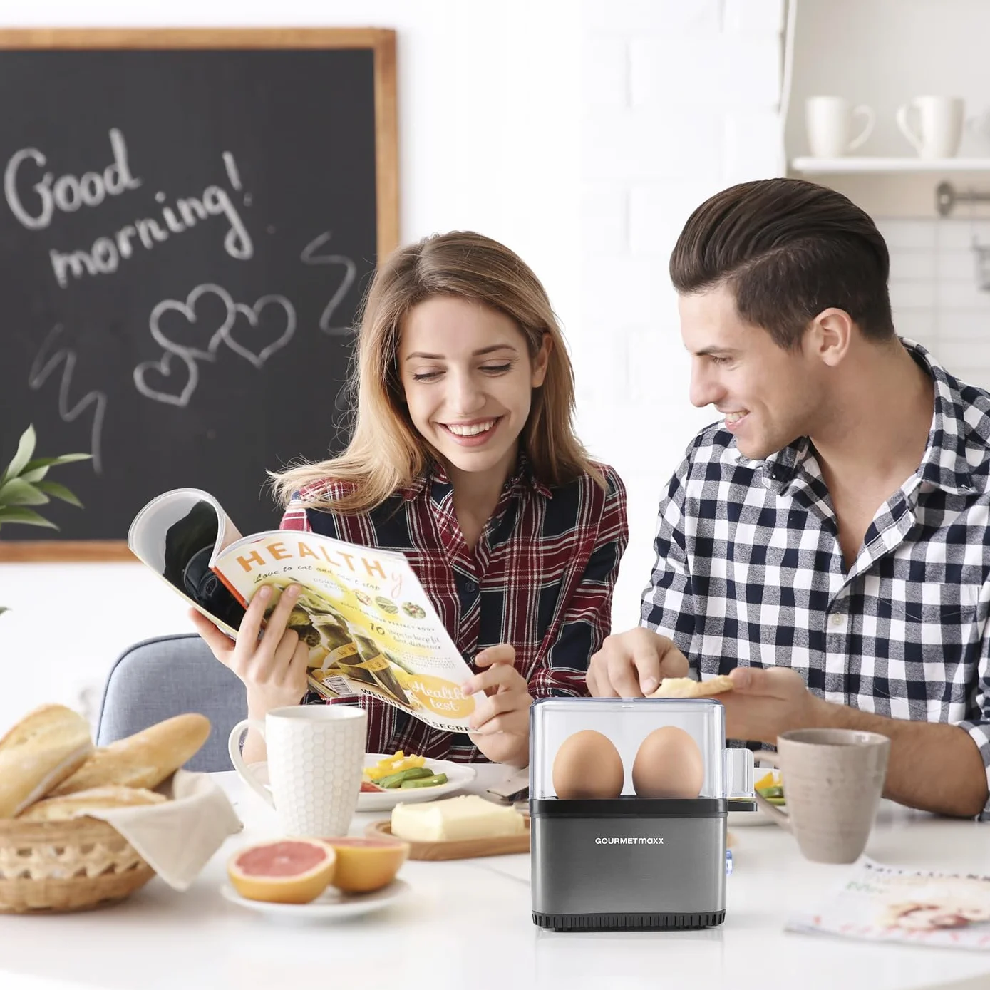 GOURMETmaxx Jajowar na 2 jajka | bojler do jajek z wykrawaczem do jajek w miarce | Egg Cooker – 3 stopnie twardości do kieliszków do jajek | Design mały jajowar – części nadające się do mycia w