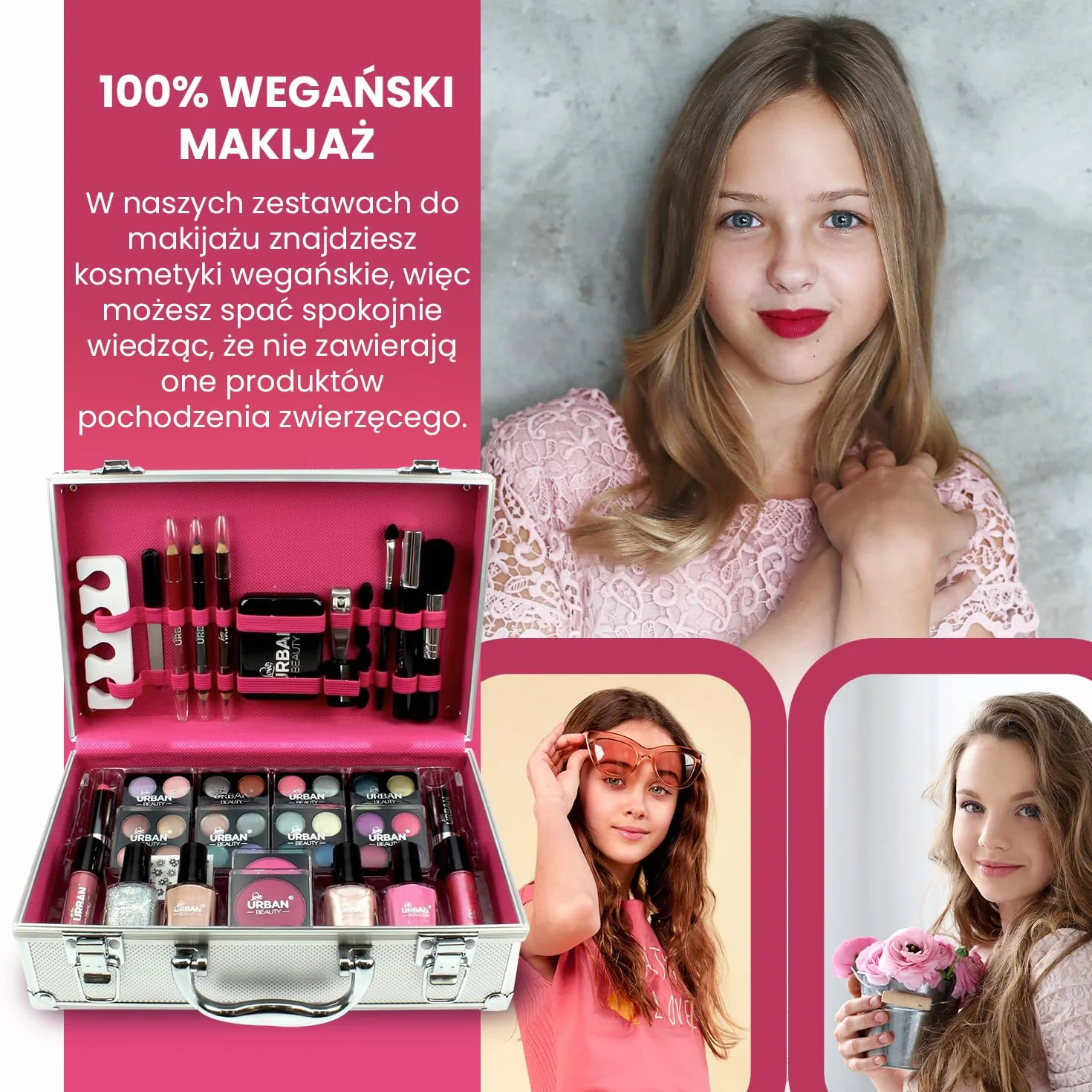 LOVE URBAN BEAUTY Wegańskie Olśniewające etui do makijażu – 60-częściowy zestaw do makijażu i paznokci dla nastolatków – Eleganckie srebrne pudełko – Kompaktowy i lekki design