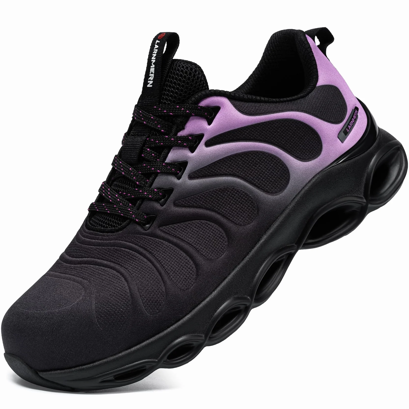 LARNMERN Buty sportowe ze stalowym noskiem, męskie, ochronne, damskie, lekkie buty ochronne, amortyzacja, moda, oddychające, wygodne buty robocze, 35-40, Czarny fiolet, 39 EU