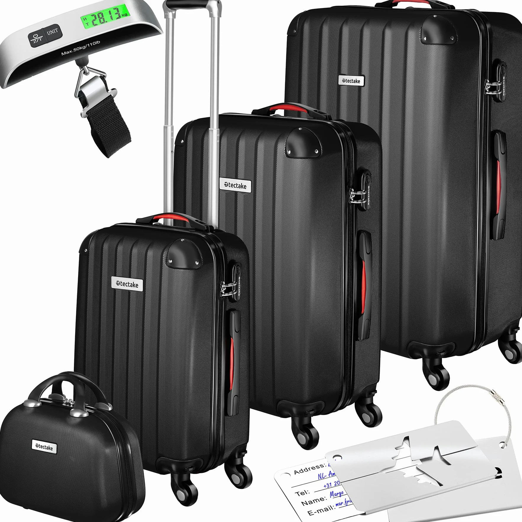 tectake® Zestaw Walizek Podróżnych z Twardą Skorupą, 4-Częściowy, Kółka 360°, Teleskopowe Uchwyty, Wewnętrzna Organizacja, Wzmocnione Narożniki, Trzycyfrowy Zamek + Waga i Przywieszka (Czarny)