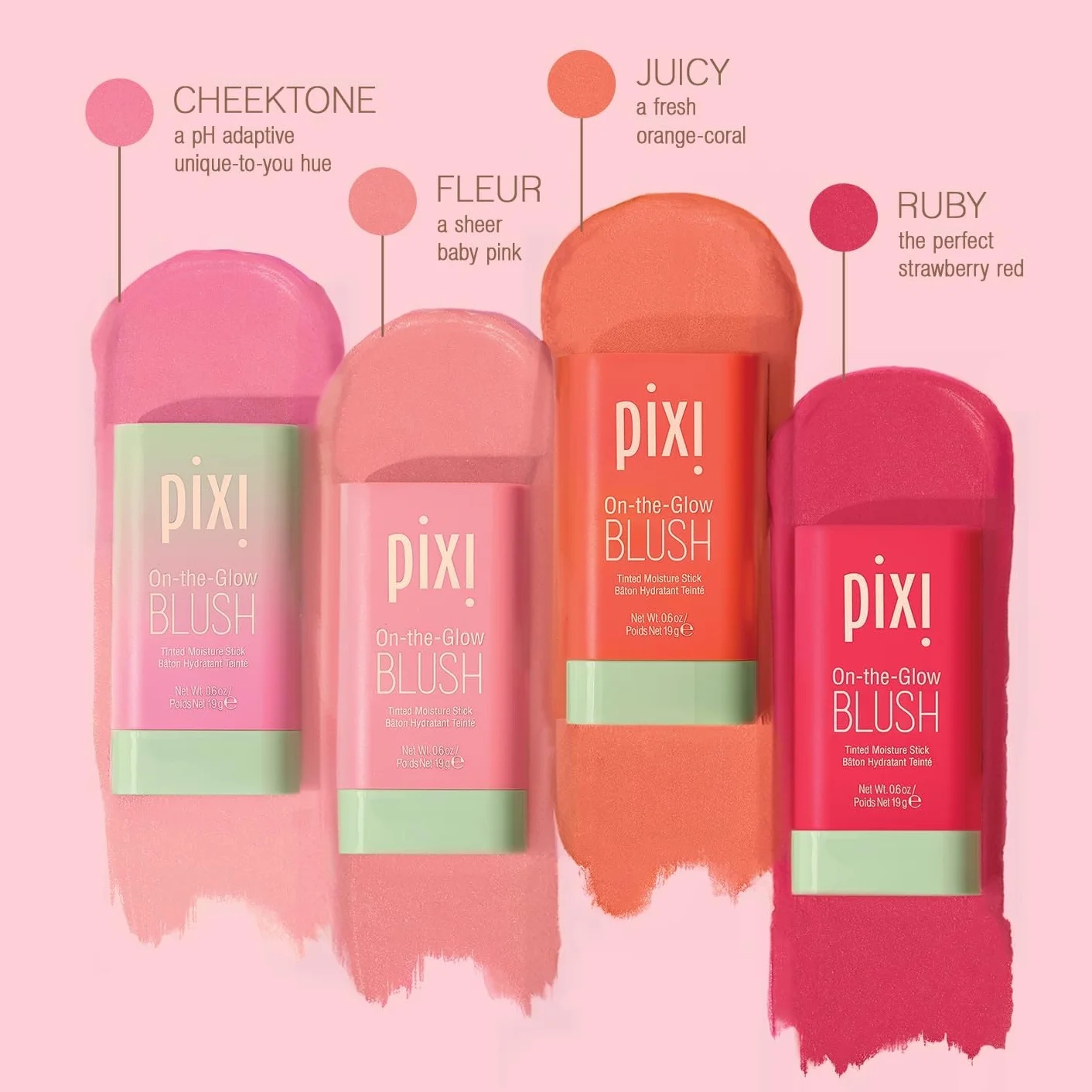 Pixi On-The-Glow Blush - soczysty, nawilżający, przyciemniany, wilgotny rumieniec w sztyfcie z żeń-szeniem, aloesem i ekstraktami owocowymi, na policzki i usta, 19 g, 17 g, bez parabenów