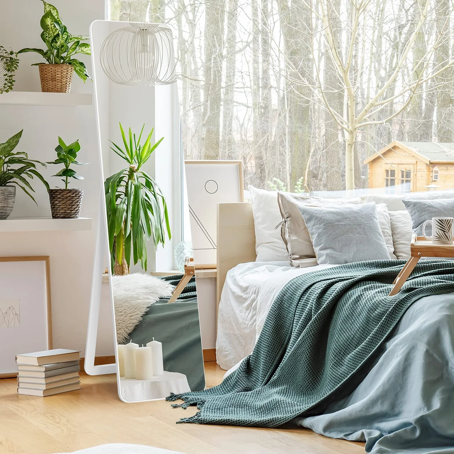 GOPLUS 2 w 1 Lustro Obejmujące Całą Sylwetkę, Duże Lustro Stojące 155 cm × 37 cm z Ramą z Litego Drewna & Haczykami, HD Lustro Ścienne z Ochroną Przed Rozbiciem, Lustro Stojące do Drzwi, Salonu