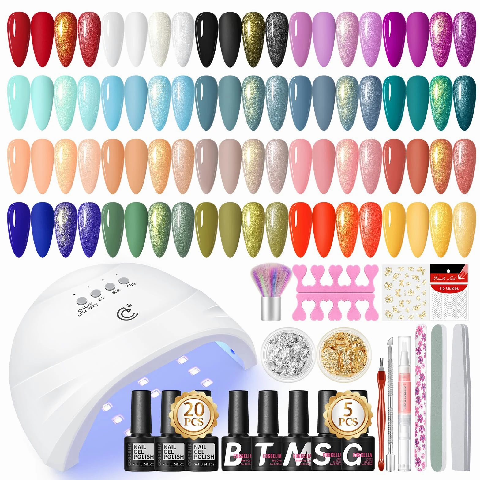 COSCELIA 38-częściowy zestaw lakierów hybrydowych z lampą UV 20 kolorów 7 ml baza top coat narzędzia do manicure