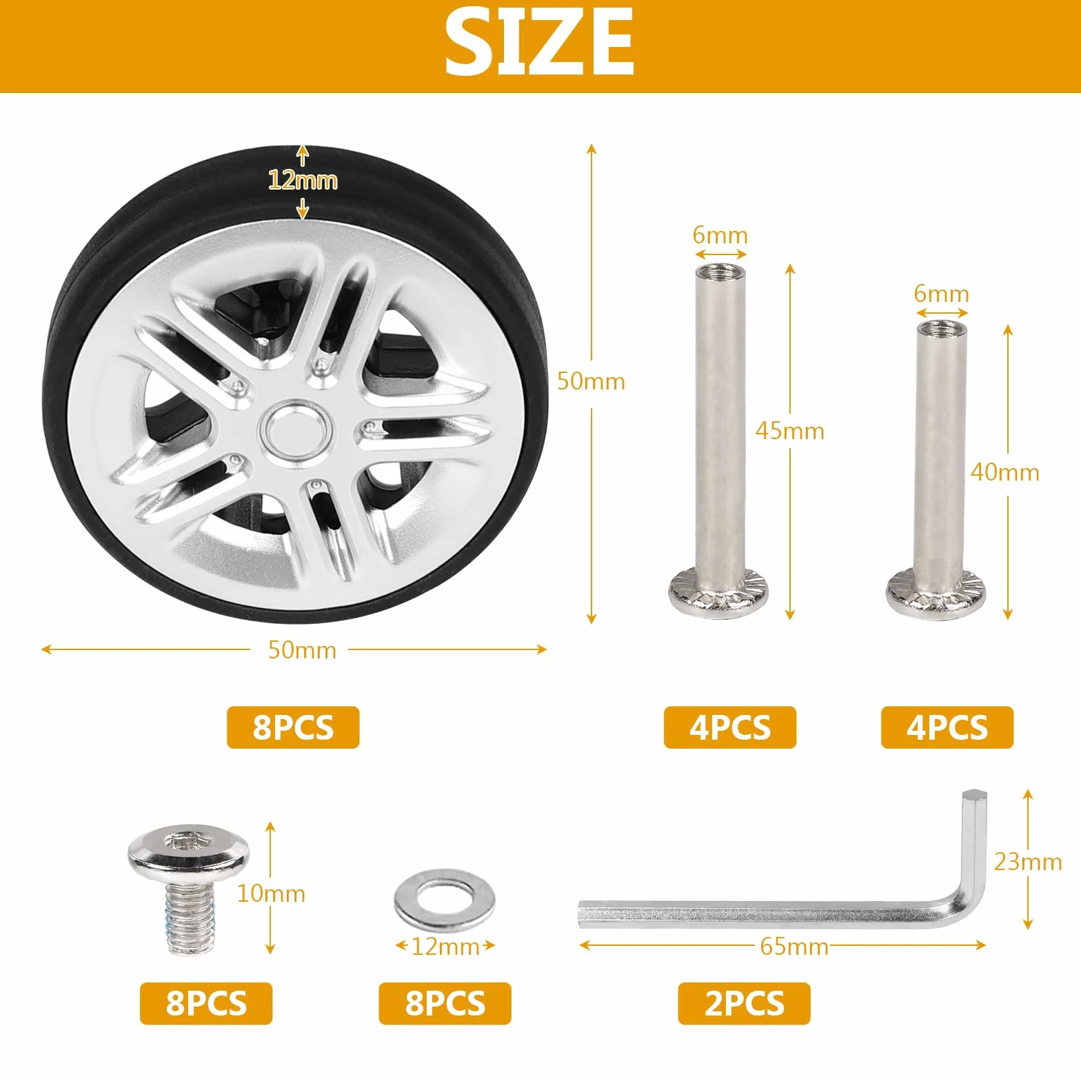 EXLECO 8 sztuk zapasowych kółek do walizki, 50 x 11 mm, kółka zapasowe do walizek, kółek, zapasowych, kółek, bagażu, gumowych kółek, walizek z częściami zamiennymi, zestaw naprawczy