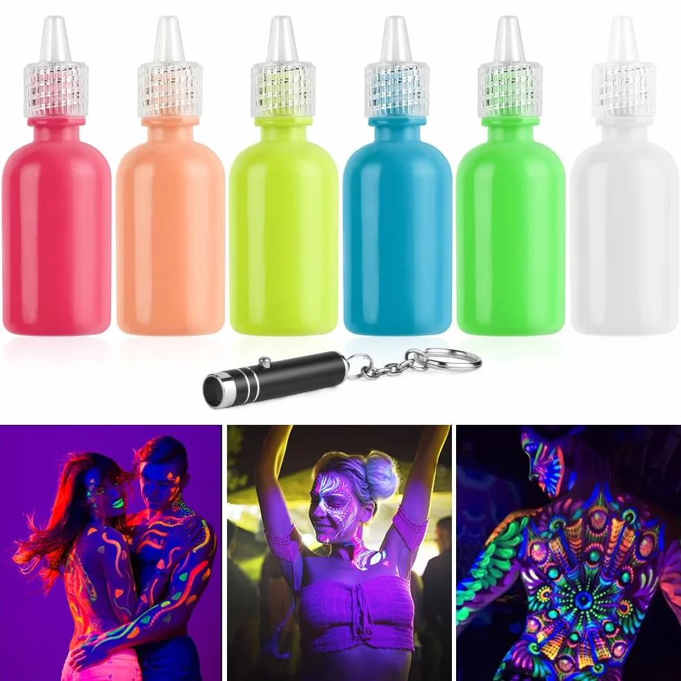 LOPHE Zestaw farb fluorescencyjnych, 6 x 30 ml, obraz z blaskiem UV, kolorowy neonowy zestaw do twarzy i ciała, Halloween, Boże Narodzenie, A