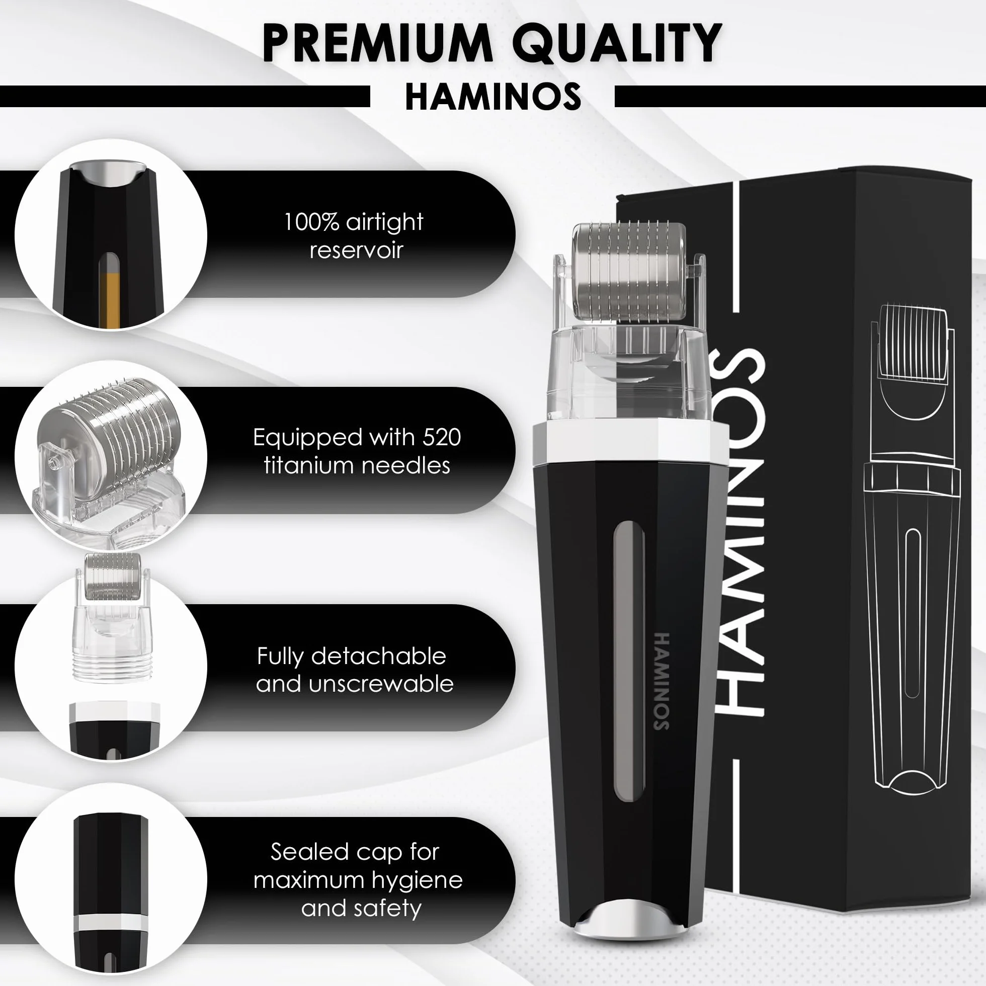 HAMINOS Derma roller 0,5 mm 3.0 z Pojemnikiem do Włosy, Broda, Skóra, Zmarszczki, Rozstępy, Hiperpigmentacja NATYCHMIASTOWA APLIKACJA SERUM, 520 igieł tytanowych