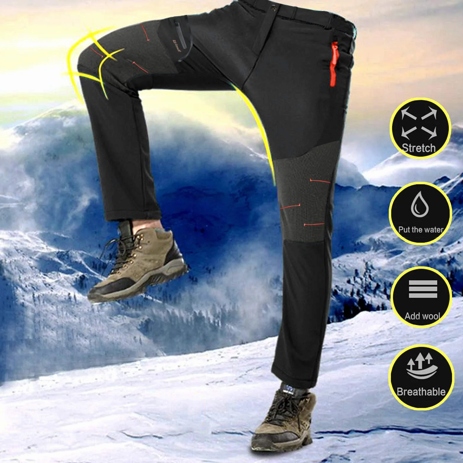 Męskie wodoodporne spodnie narciarskie softshell z podszewką polarową, pogrubione wyściełane spodnie snowboardowe z kieszeniami na zamek błyskawiczny do wędrówek na świeżym powietrzu i jazdy na
