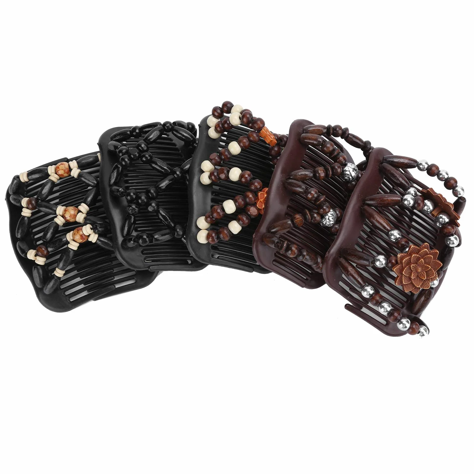 5 szt. podwójne spinki do włosów, Magic Hair Comb, podwójny grzebień do włosów, drewniane koraliki podwójny grzebień do włosów elastyczny klips damskie akcesoria do włosów, narzędzia do stylizacji