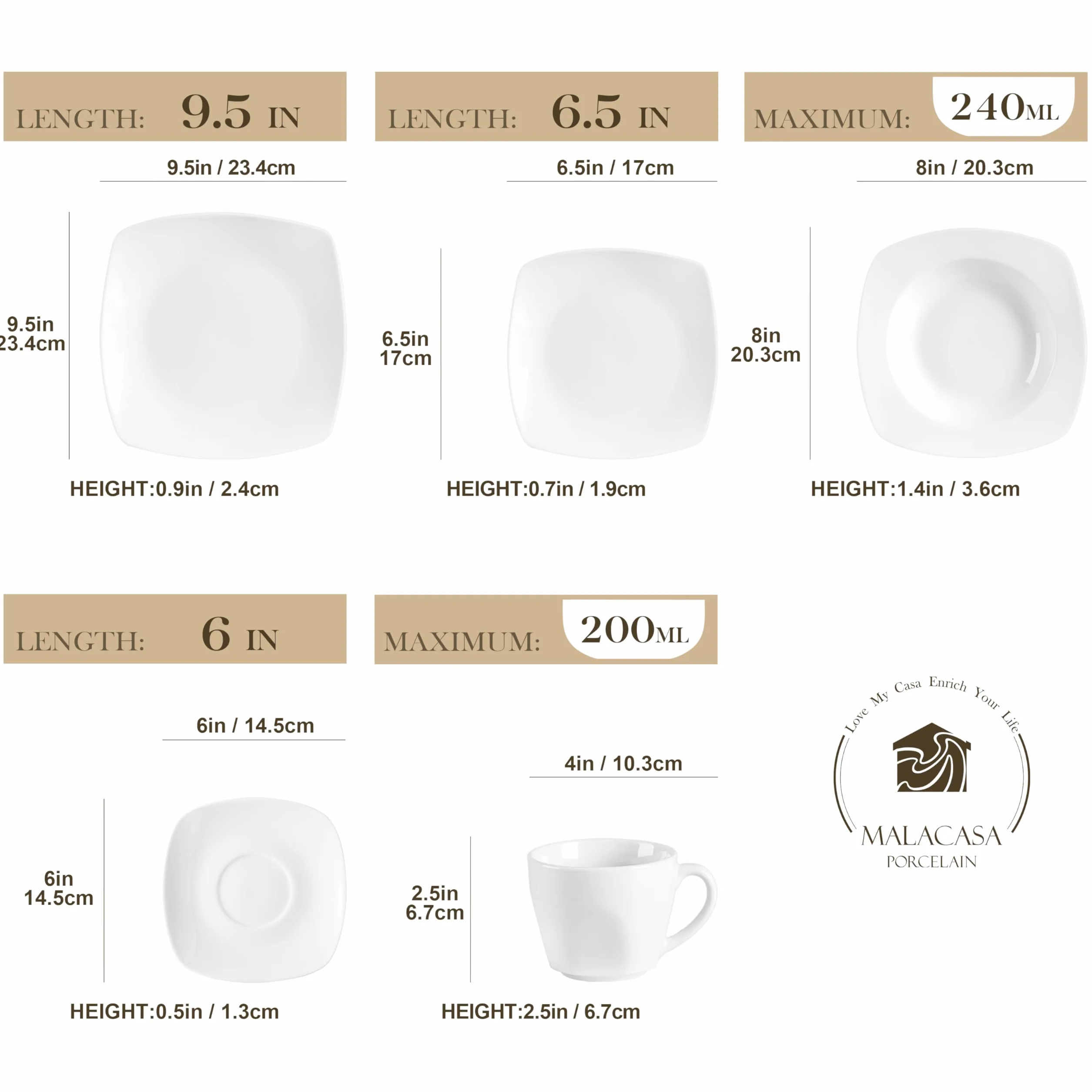 MALACASA Julia 60-częściowy serwis stołowy dla 12 osób, mały, porcelanowy serwis do kawy z talerzami obiadowymi, talerzykami deserowymi, talerzami do zupy, filiżankami do kawy, spodkami, po 12 sztuk