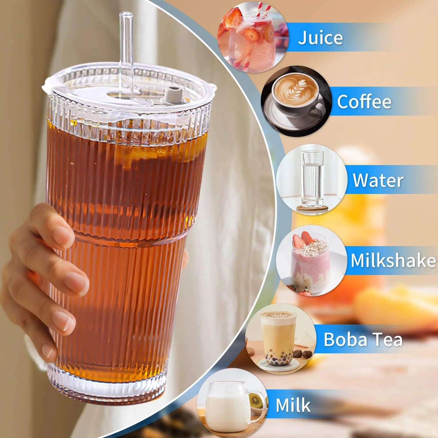 Szklane kubki o pojemności 600 ml, z pokrywką i słomką, szkło matcha, szklanki do kawy do mrożonej kawy, kubki do smoothie, hermetyczne, wodoszczelne wzornictwo, kubek podróżny, kubek do kawy mrożonej