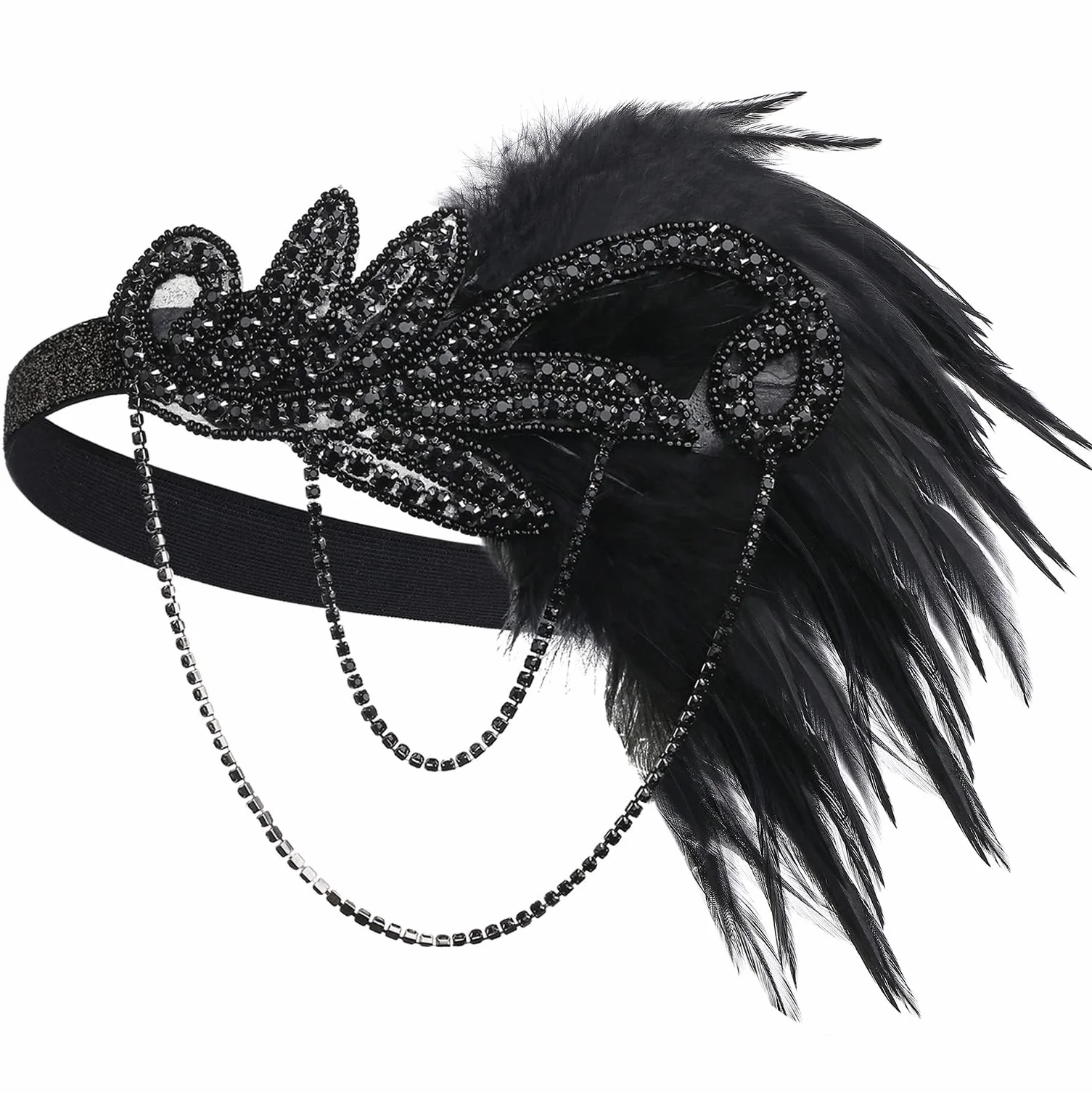 BABEYOND Opaska Gatsby Crystal 1920s Feather Flapper Akcesoria Charleston Vintage Czarna