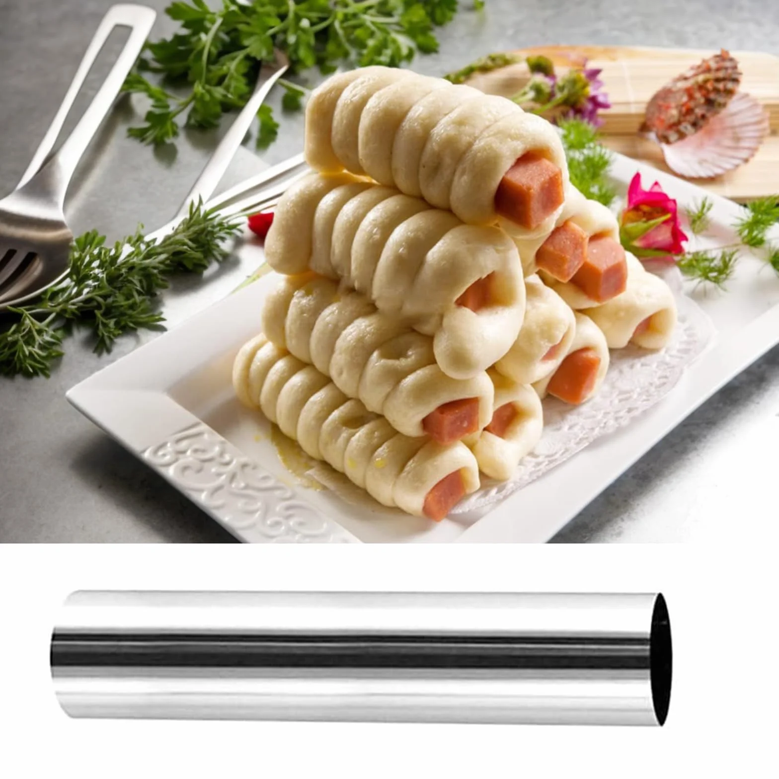 Cannoli Zestaw rur, 15 szt. dużych form piankowych ze stali nierdzewnej, nieprzywierające formy do rogalików, stożki do pieczenia duńskich ciast, naleśników, nadają się do mycia w zmywarce