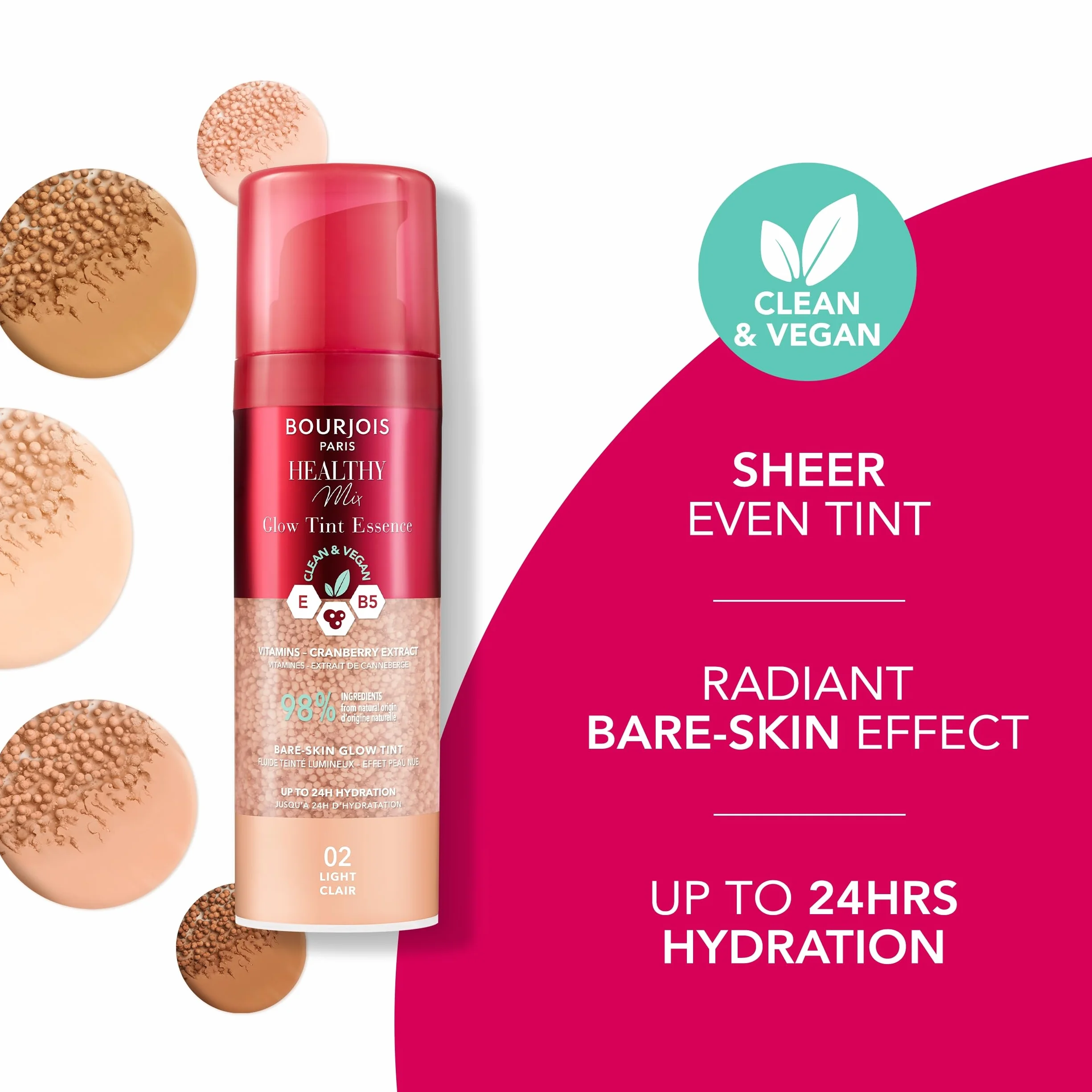 Bourjois Healthy Mix Glow Tint Essence nawilżająca esencja wyrównująca koloryt skóry, 02 Light, 30 ml