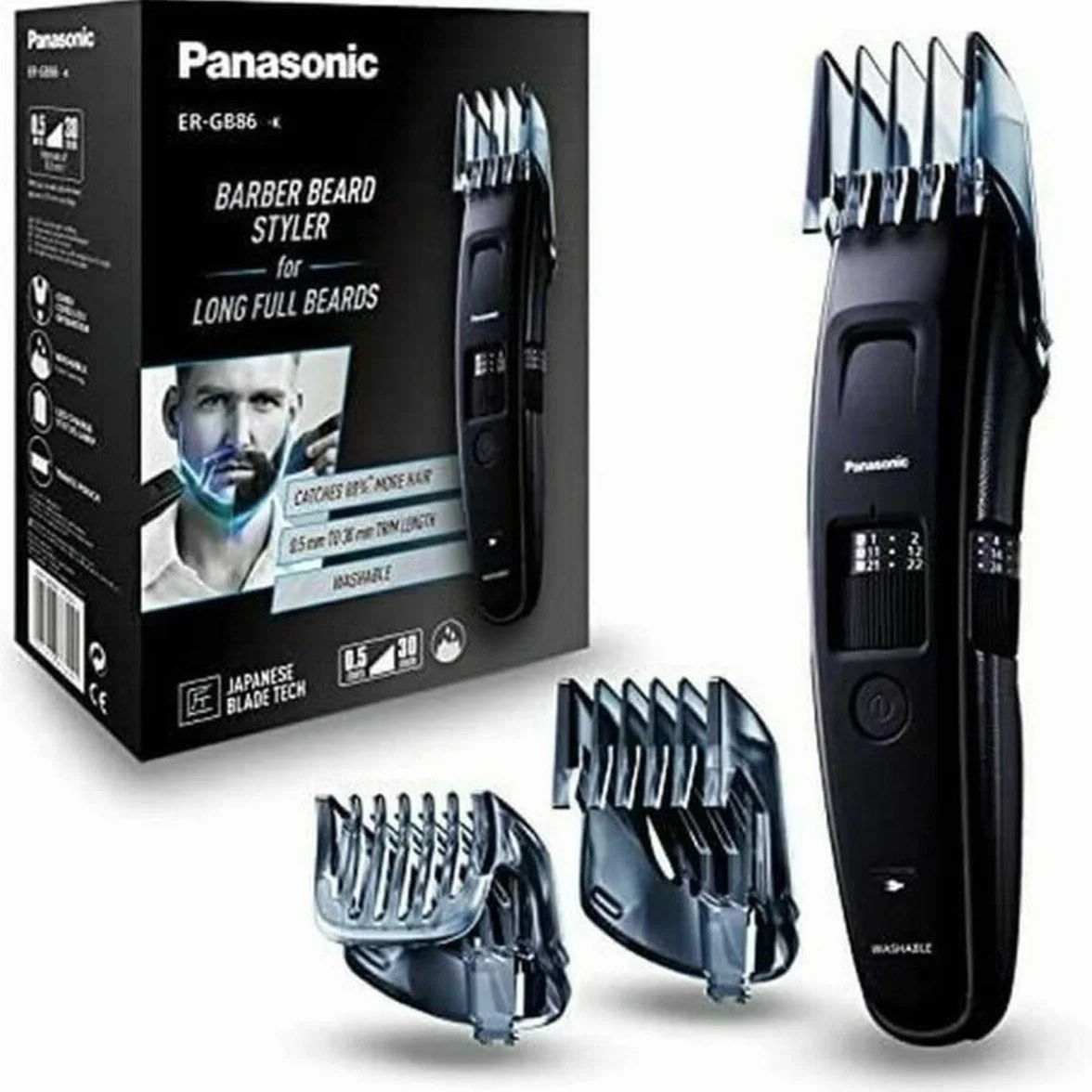 Panasonic ER-GB86 trymer do brody (silnik DC o wysokim momencie obrotowym, 0.5-30mm, 3 nasadki, ostrza z szerszą końcówką, nadaje się do mycia), czarny