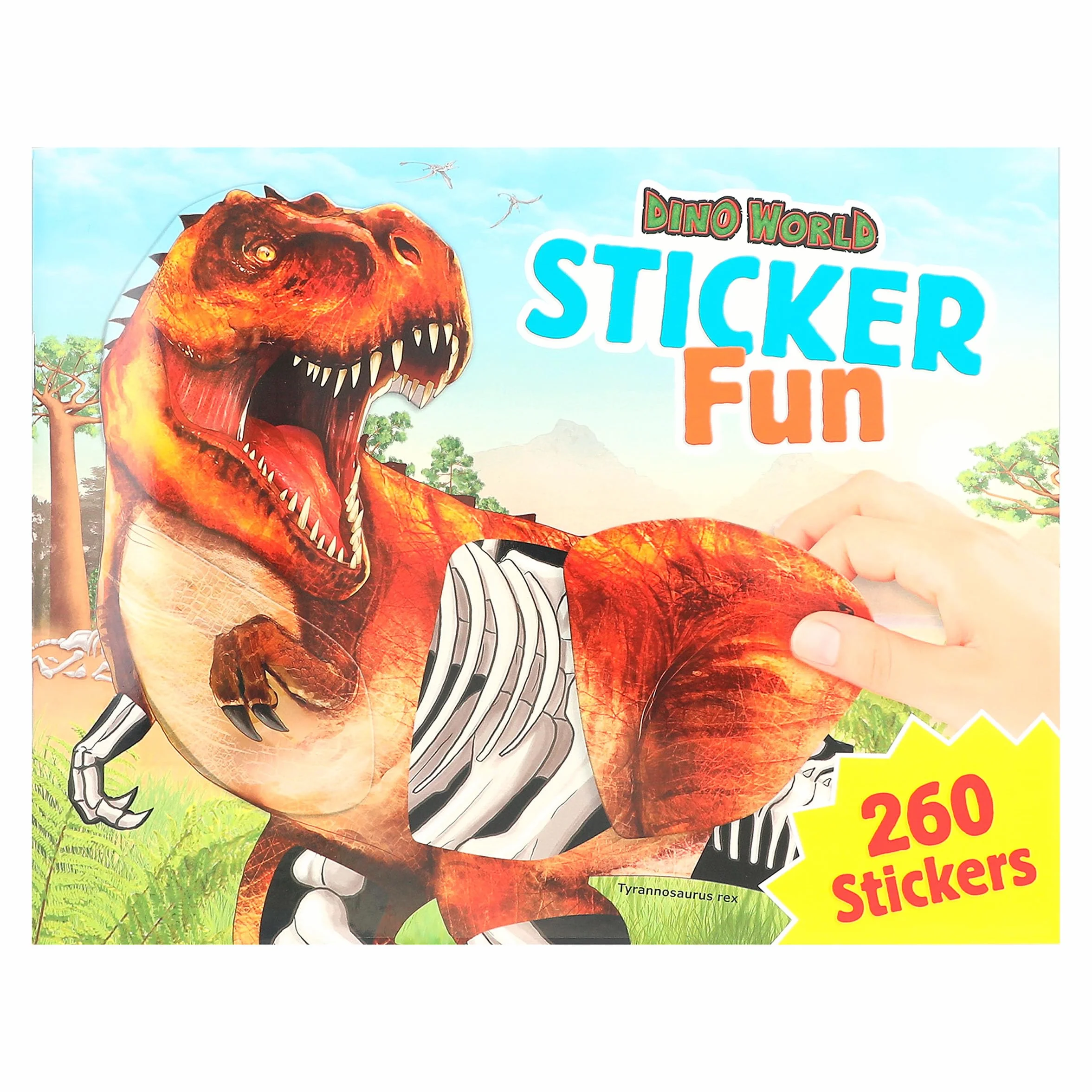 Depesche 12408 Dino World Sticker Fun - książka z naklejkami z 24 kolorowymi stronami do samodzielnego zaprojektowania tła, zawiera 250 naklejek