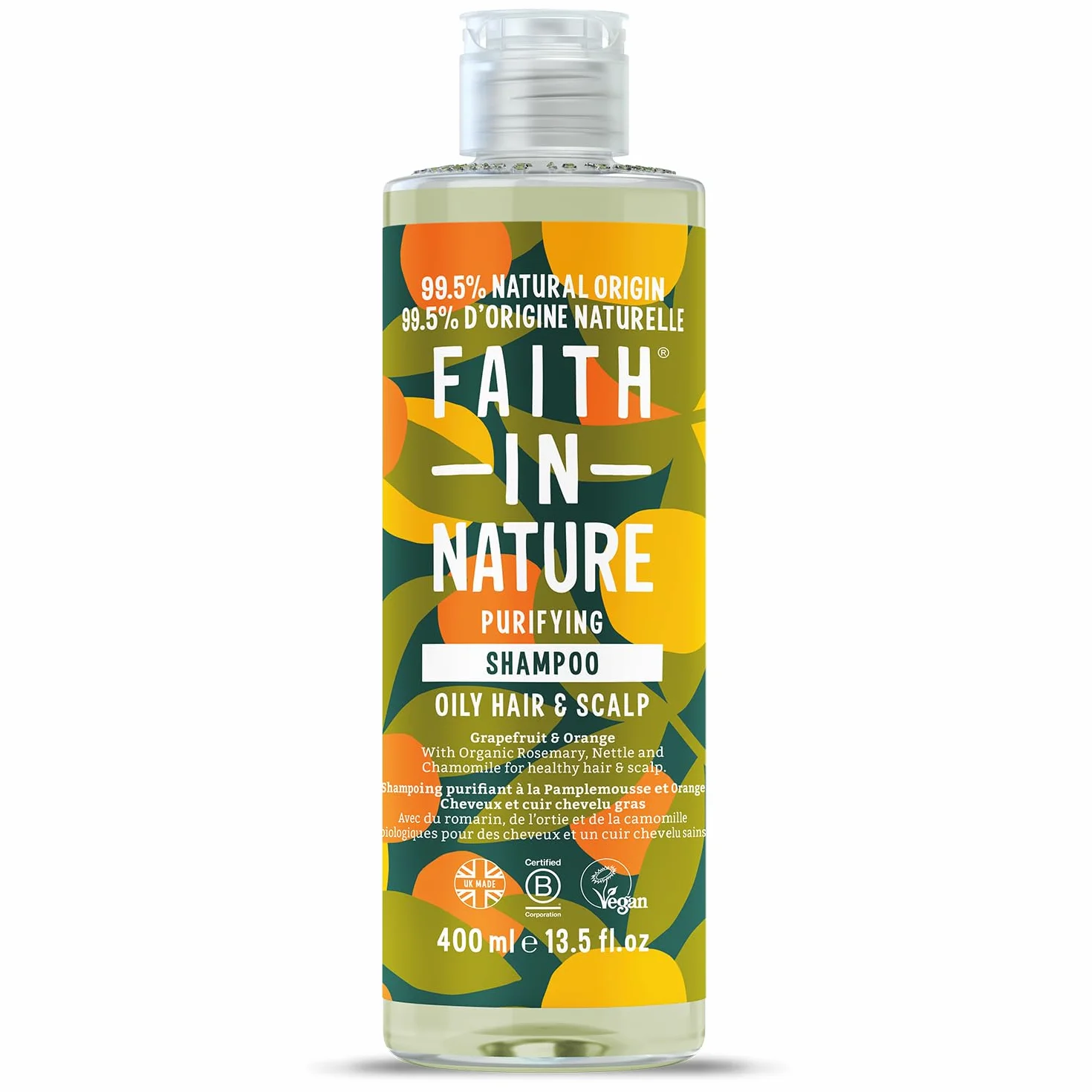 Faith in Nature Naturalny szampon grejpfrutowy i pomarańczowy, orzeźwiający, wegański i nietestowany na zwierzętach, bez SLS i parabenów, włosy normalne lub tłuste, 400 ml