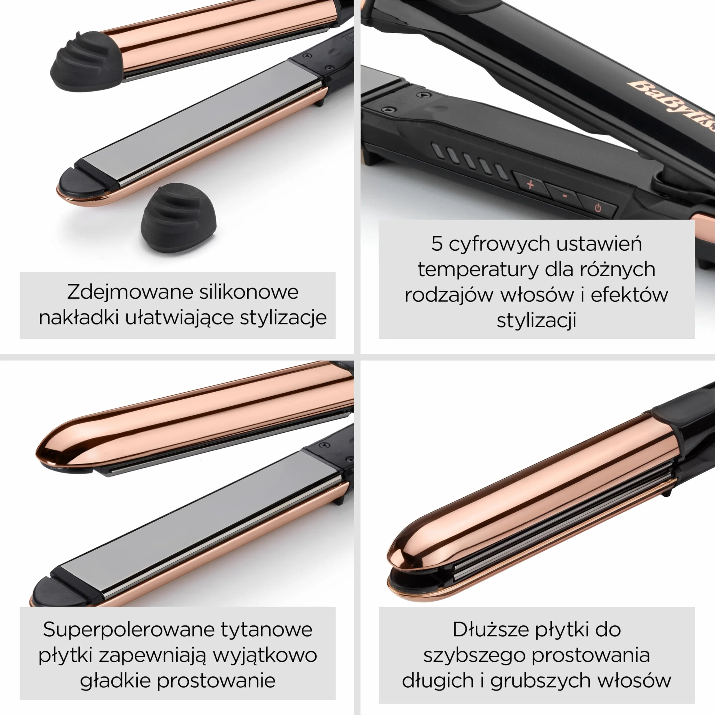 Prostownica BaByliss Straight And Curl Brilliance - wygładzające płytki tytanowe, jonizacja, szybkie nagrzewanie w 15s, zakrzywiona metalowa konstrukcja, 5 ustawień temperatury do 235°C, ST482E